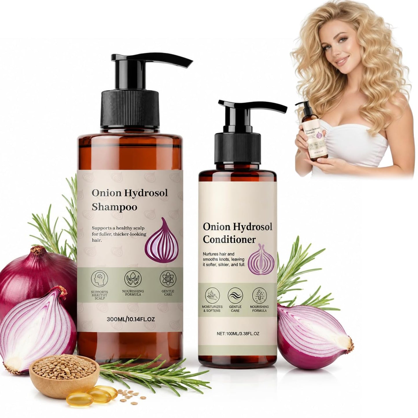 Onion Hydrosol Based Shampoo and Conditioner Set for Hair Growth, With Rosemary & Biotin, Strengthens Weak Hair, Adds Volume & Shine, Safe for All Hair Types, Men & Wome (2 Bottles)