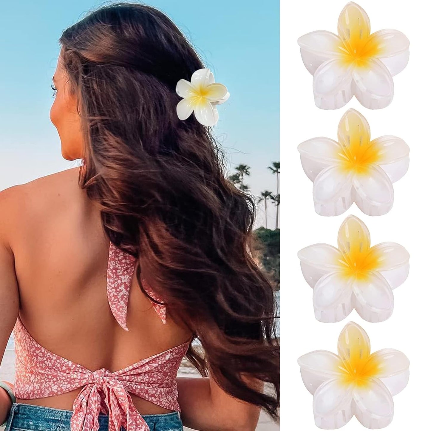 Flower Hair Claw Clips - 4PCS Strong Hold Nonslip Large Clips for Thick Hair | Cute Hawaiian Hair Accessories for Women & Girls