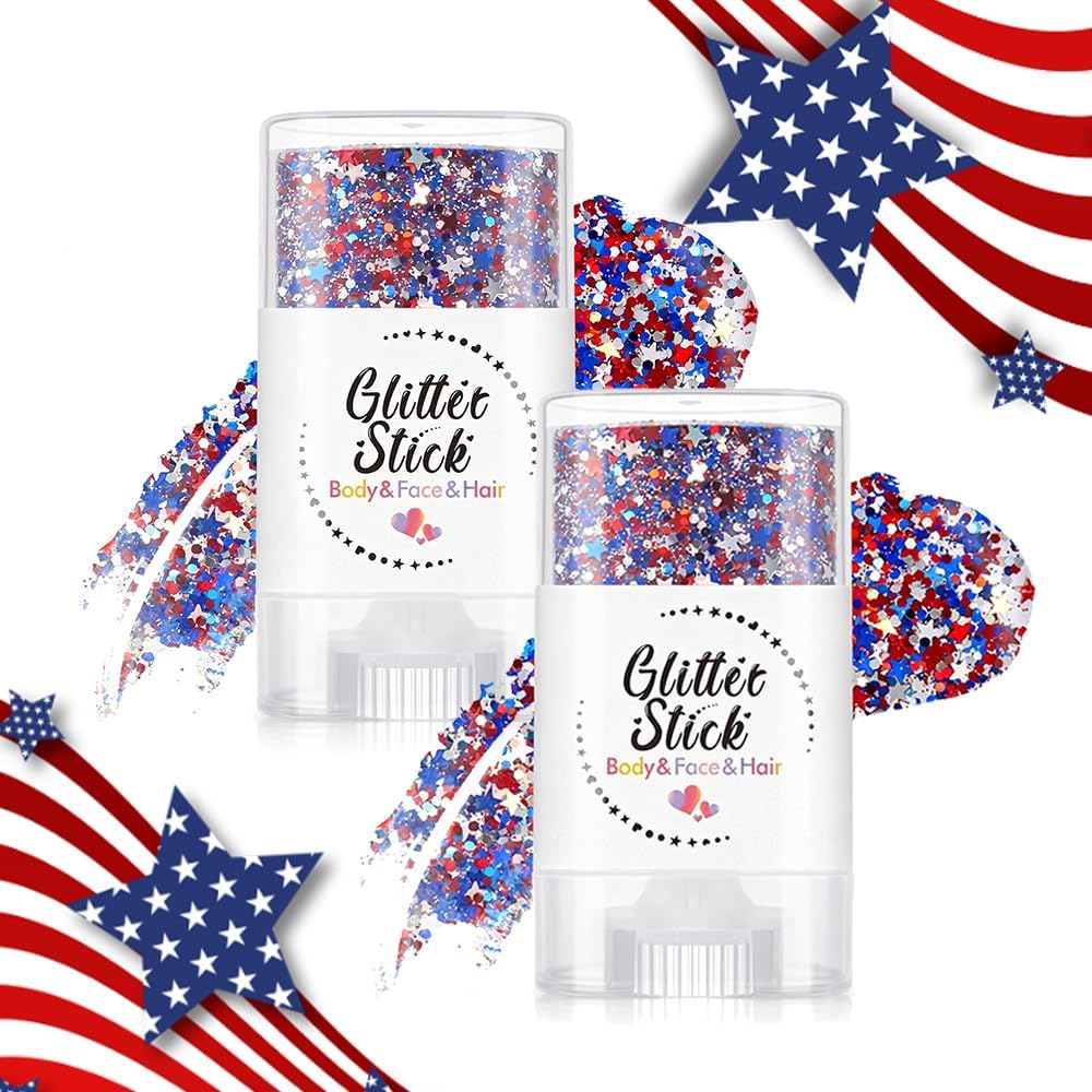 4th of July Glitter Stick Red White Blue Hair Glitter Stick,Red White and Blue Star Face Glitter Stick, USA Flag Makeup for American 250 Independence Day, 4th of July Accessories for Women Kids (#A)