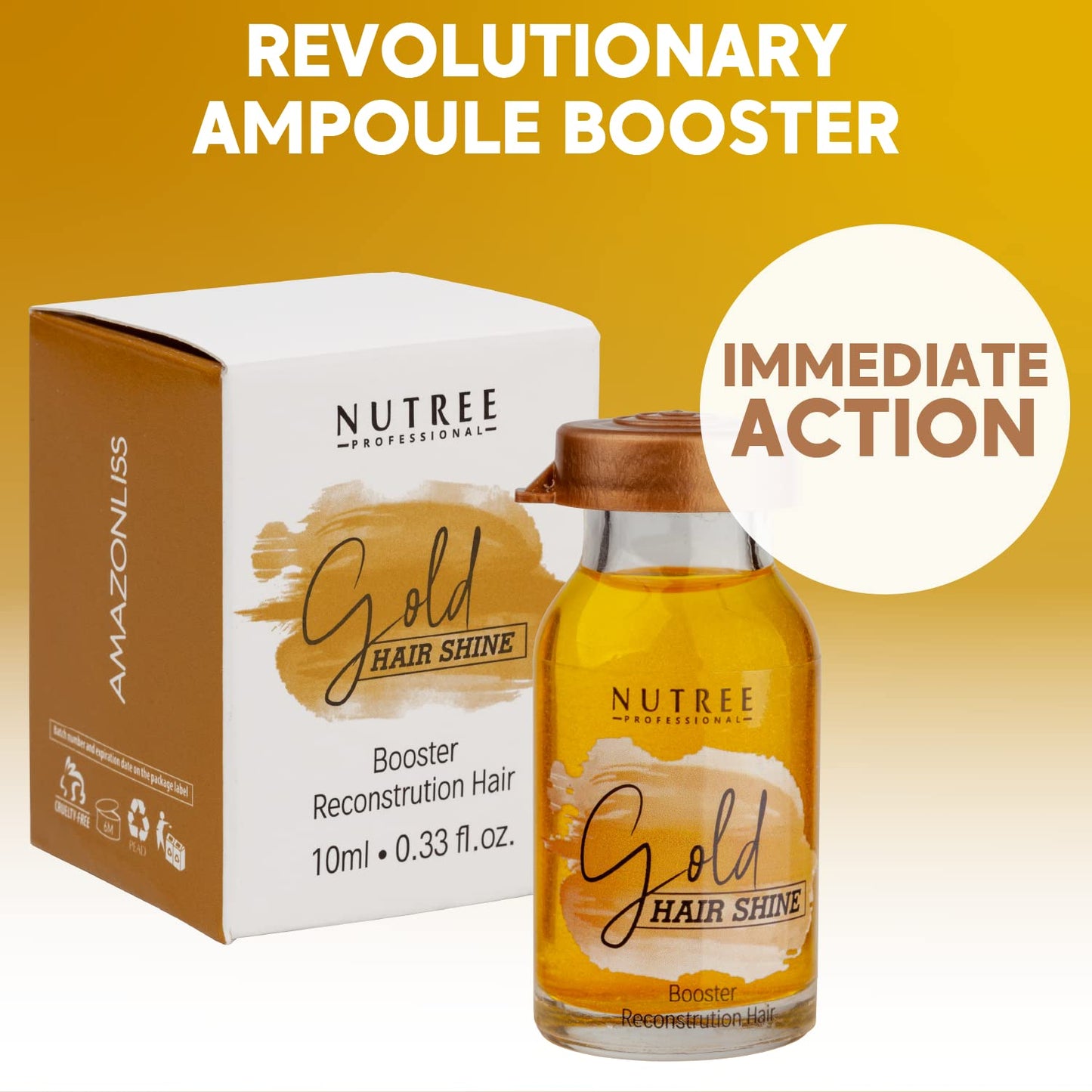 Gold Hair Shine Ampoule Booster Reconstruction Treatment with Shea Butter and Amino Acids – Deep Conditioning Serum for Smooth Soft and Shiny Hair – 0.33 fl oz