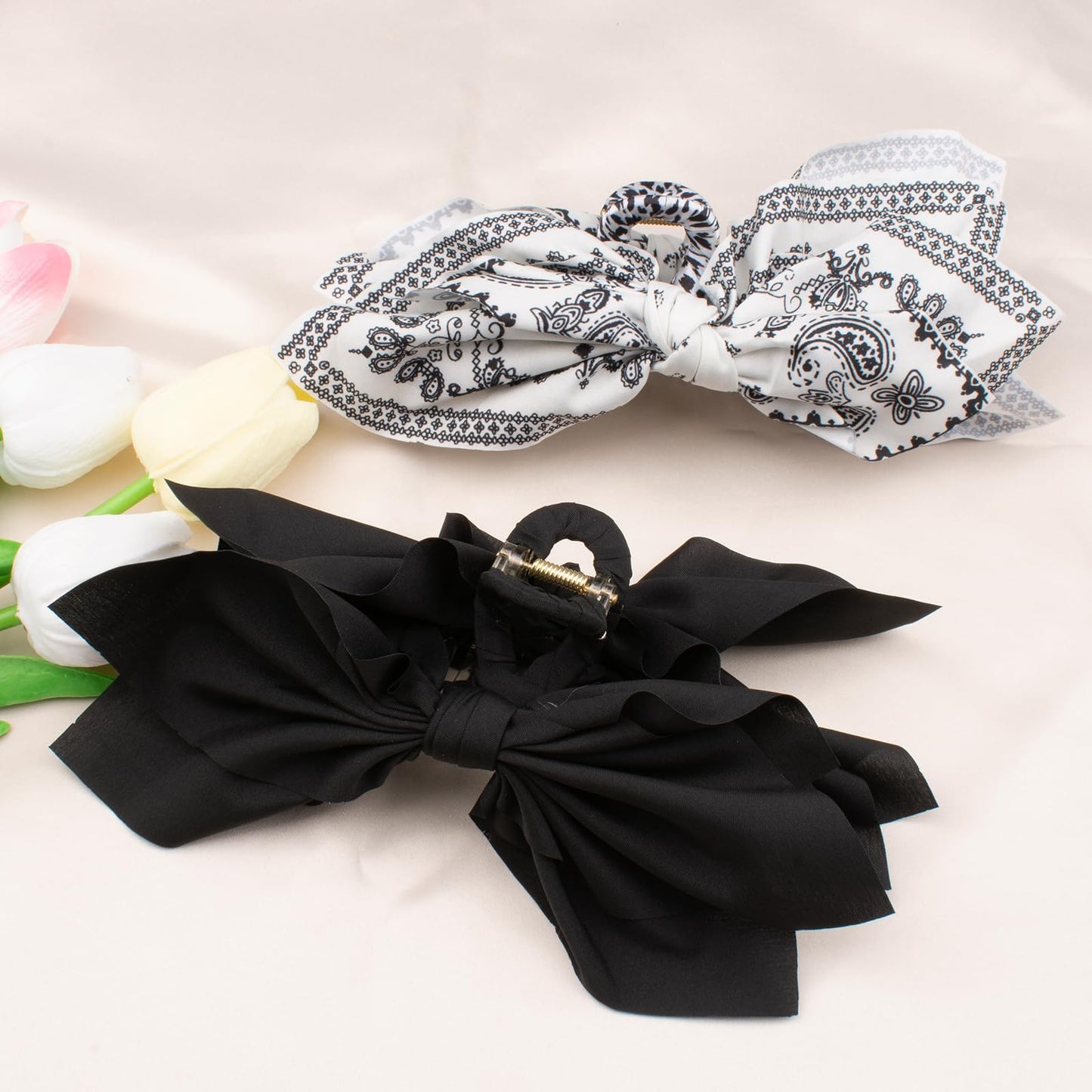 2 PCS Hair Bows, Large Paisley Fabric Bow Hair Claw Clips, Non Slip Grips for Thick Hair Women Hair Accessories(White+Black)