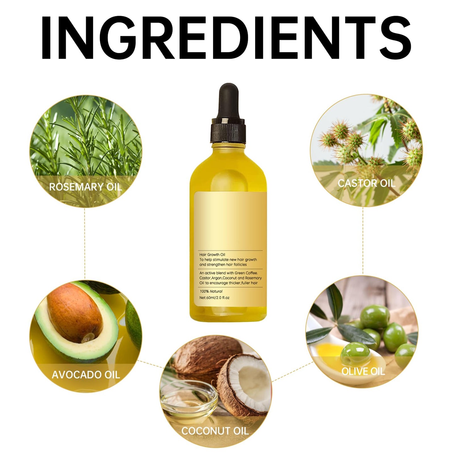 Natural Rosemary Hair Growth Oil - For Dry, Damaged Hair & Thinning Hair - Strengthening & Nourishing Treatment - 2 Fl Oz (60mL)2PCS