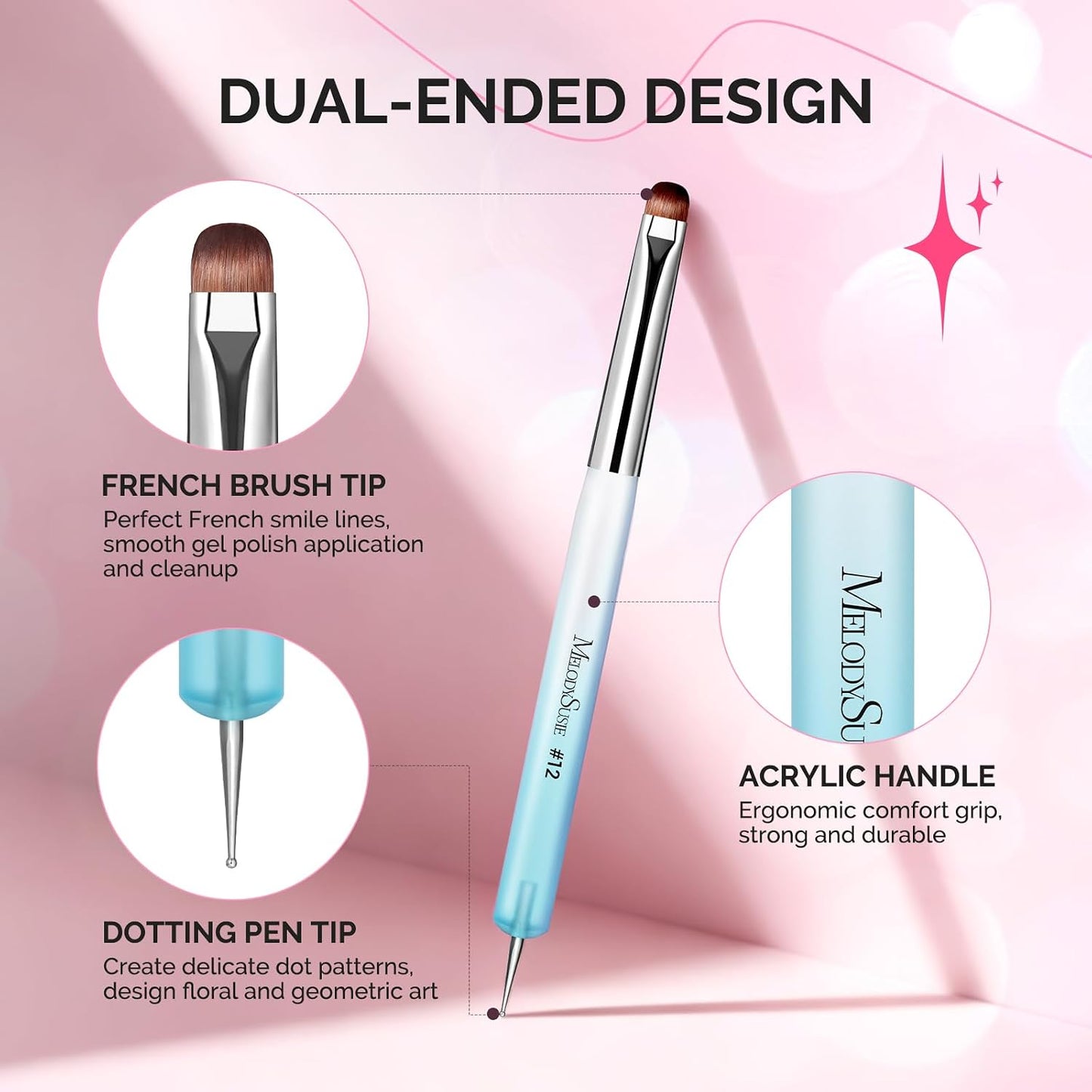 Dual-Ended French Nail Brush & Dotting Pen Set - Nail Art Tool with Holder | Blue, Size #12