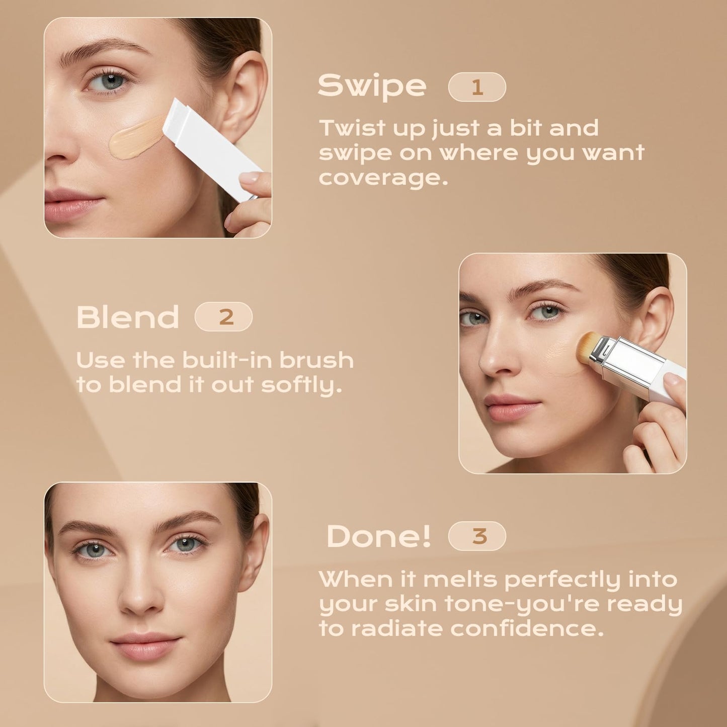 Color Changing Foundation Stick with Volufiline - Hydrating Concealer Base Makeup, Dual-Ended with Built-in Brush, Portable for Daily Use (Ivory White)