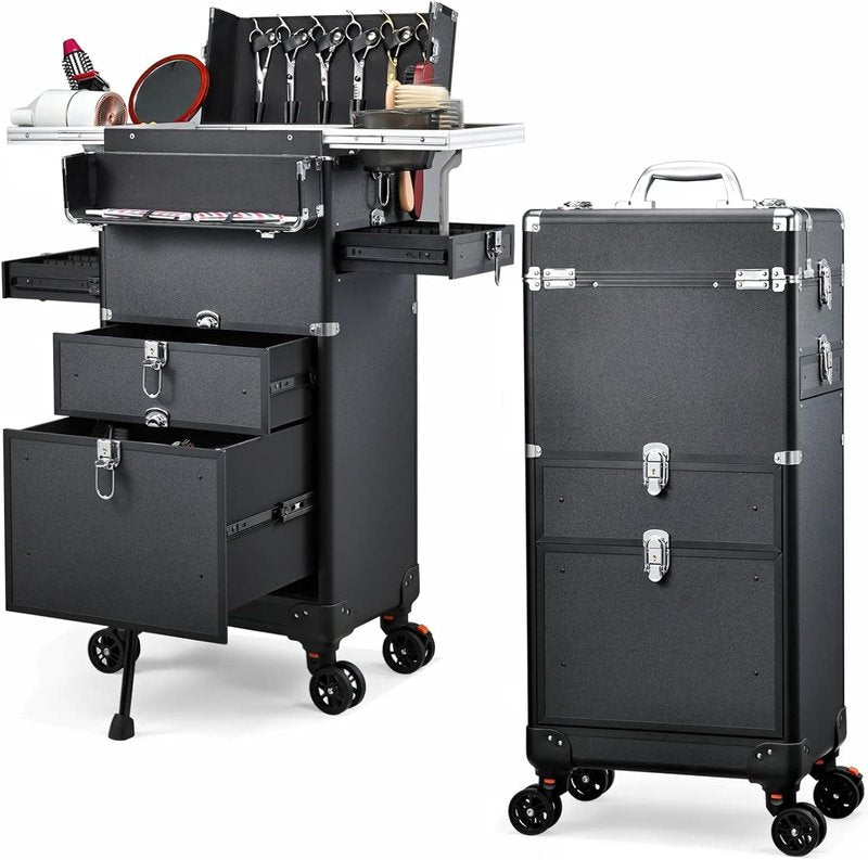 Salon Cart with 4 Drawers - Portable Rolling Hair Stylist Station | Makeup Train Case with Worktop Tray