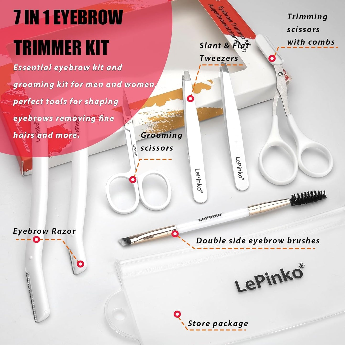 Eyebrow Trimmer Kit - 7-in-1 Grooming Set with Scissors, Tweezers & Razor | Perfect Gift for Men & Women - White