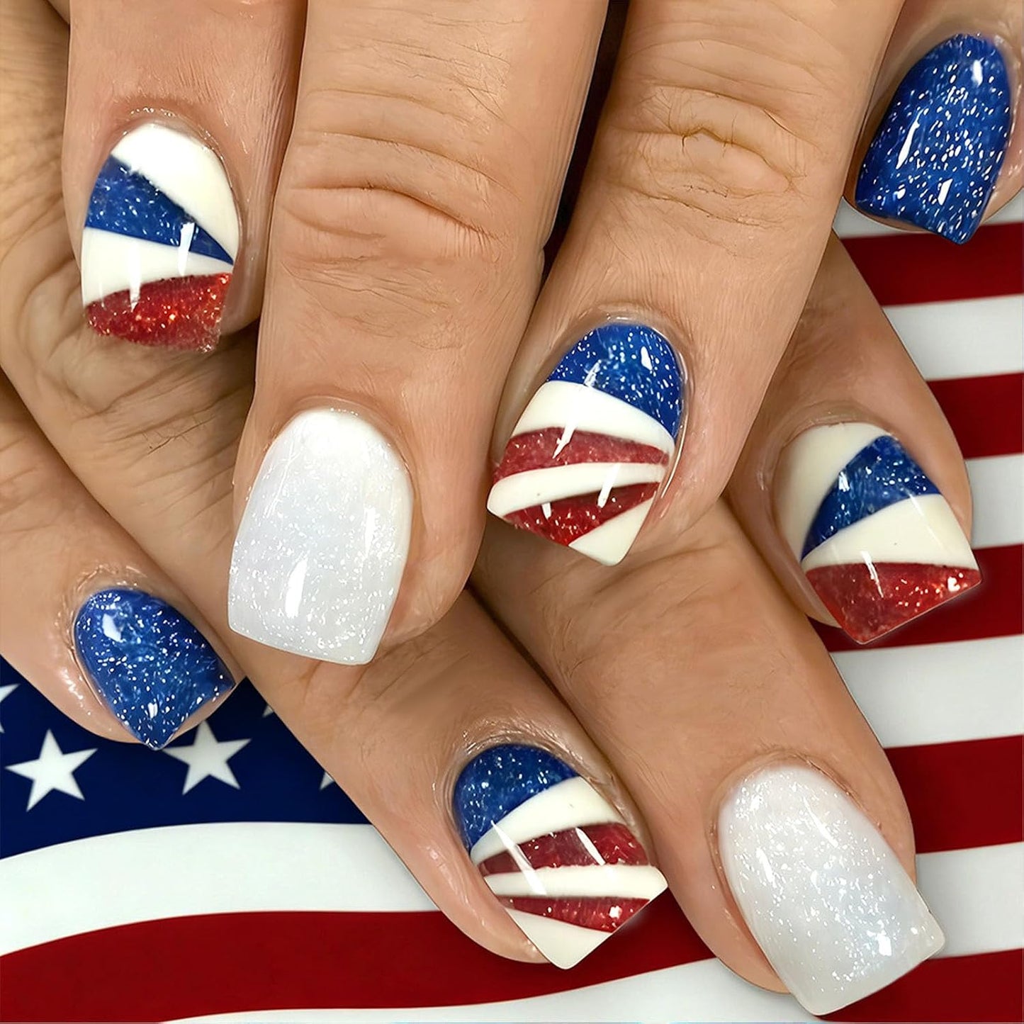 Press On Nails - Short Oval French Tip Design | Glossy Pink with Stars & American Flag - 24 Pcs