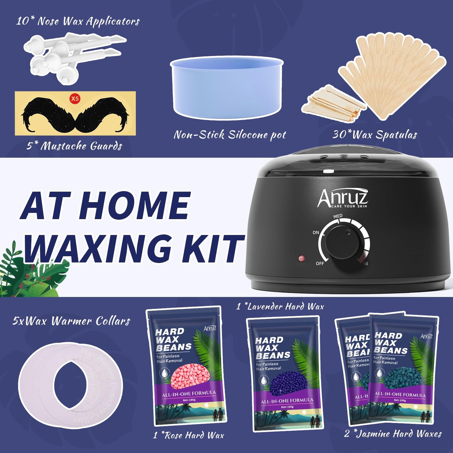 Anruz Waxing Kit for Women Men - Wax Kit for Hair Removal with Silicone Bowl,4 Bags Hard Waxing Beads and 40 Sticks - at Home Use Wax Warmer for Full Body, Bikini, Eyebrow, Face, Sensitive Skin