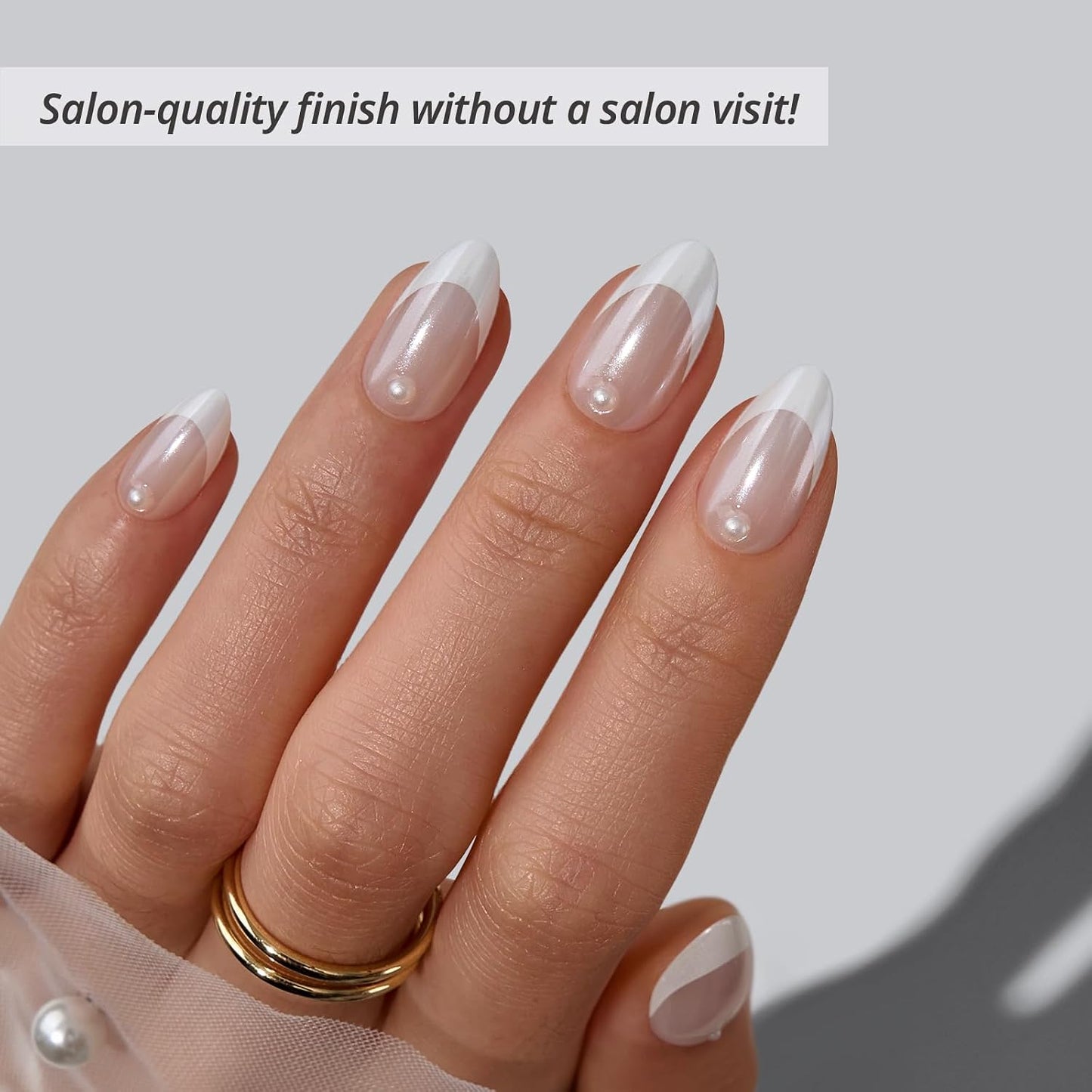 French Tip Press On Nails - Lamp-Curable 4-Week Wear White Short Almond | 32 Nails All-in-One Kit, Easy Application in 16 Sizes