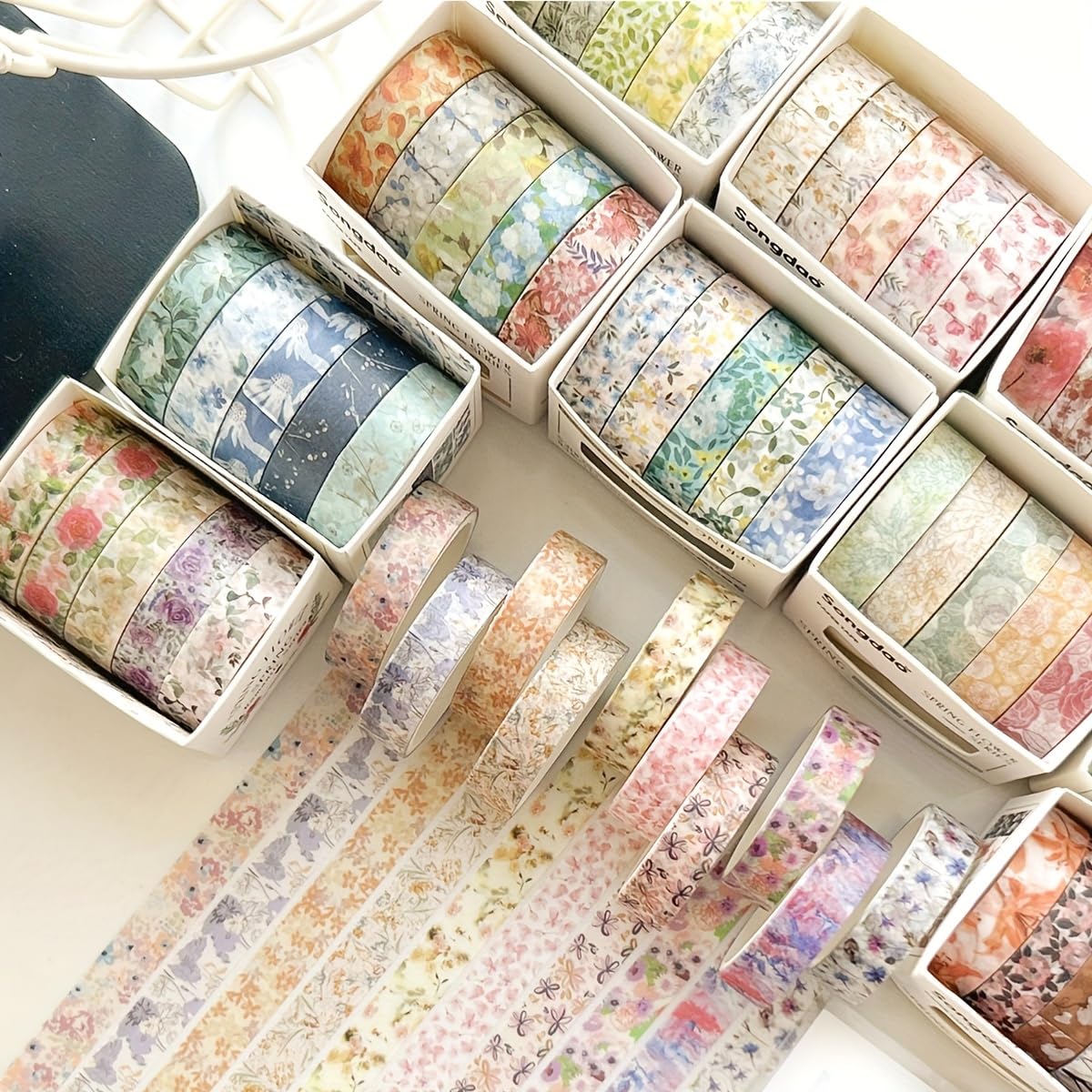 5 Rolls Floral Washi Tape, Tearable Self-Adhesive Decorative Tape for Journal Scrapbook Planner DIY Craft Party Decoration, Spring Flower Romantic Series 4