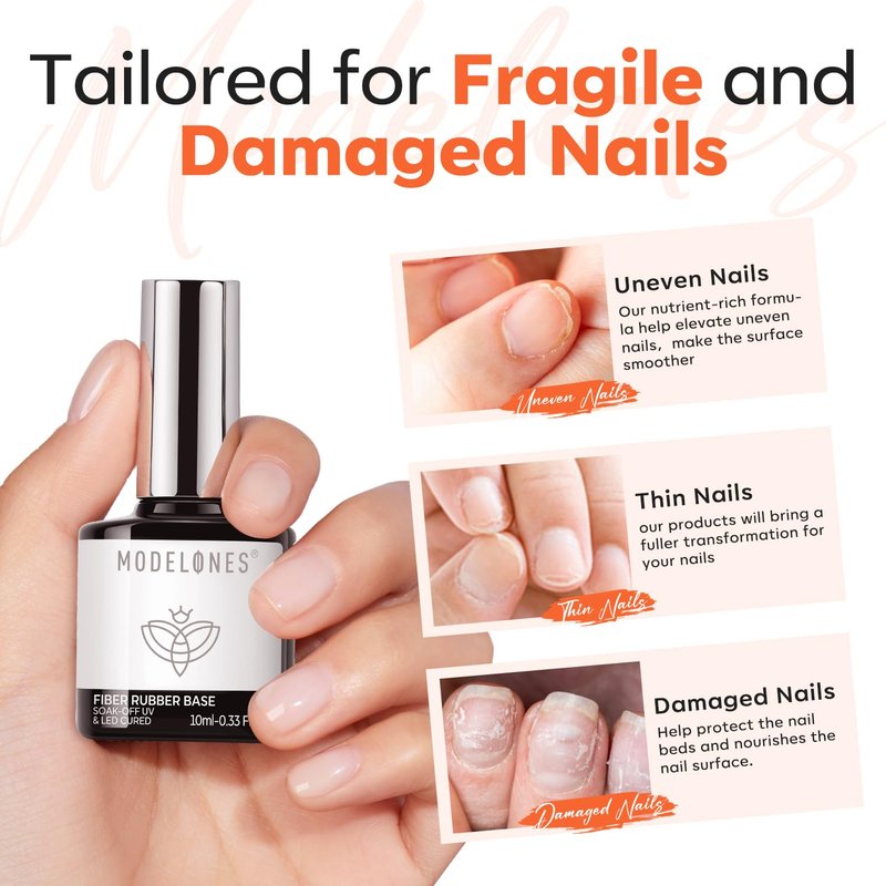 Fiber Rubber Base Gel for Nails - 15ml Clear Nail Strengthener | Thickening Formula for Weak & Cracked Nails
