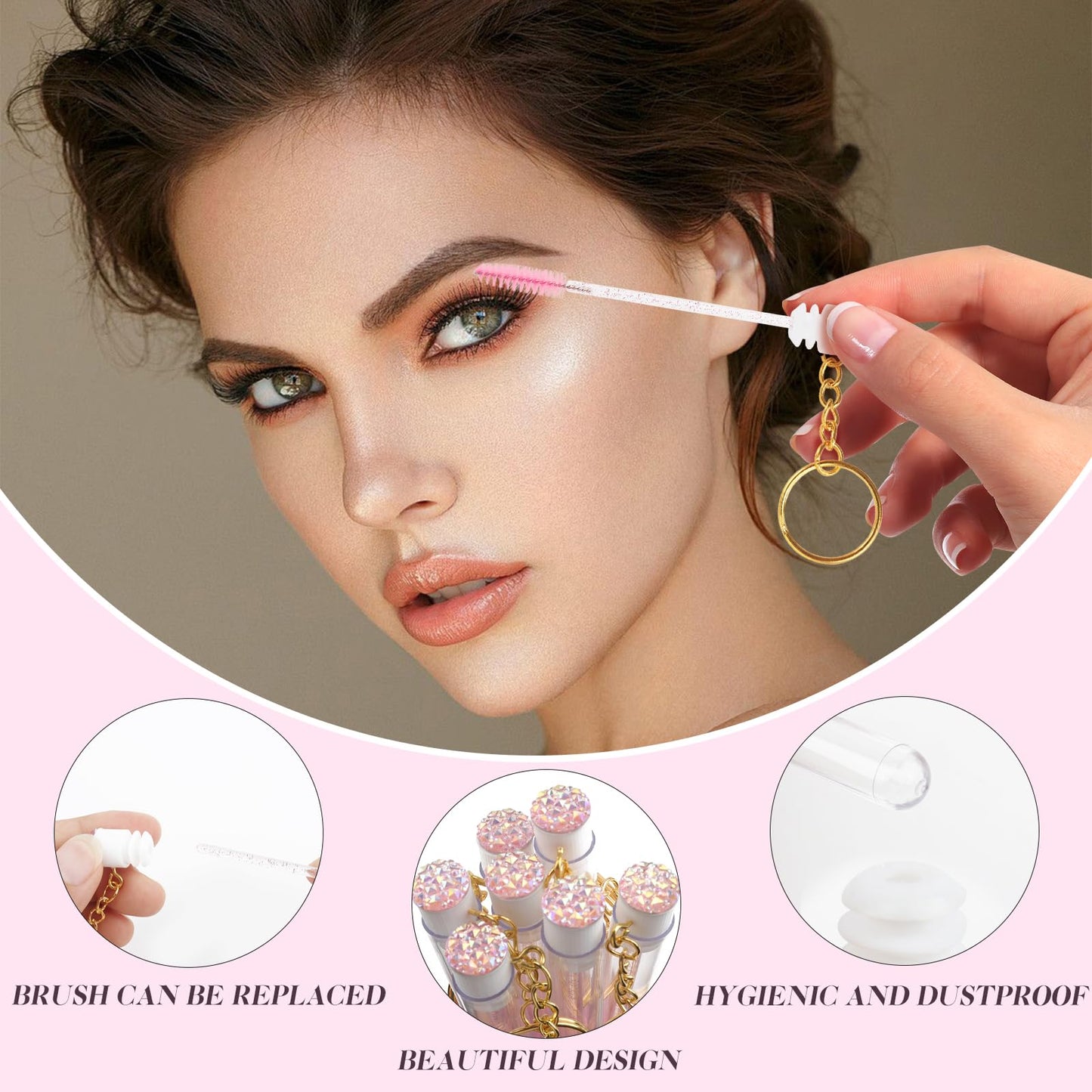 Mekupeu 20pcs Mascara Wands Set Crystal Eyelash Spoolies Eyebrow Brush and Reusable Diamond Key Chain Tube Eyelash Extension Supplies (Pink)