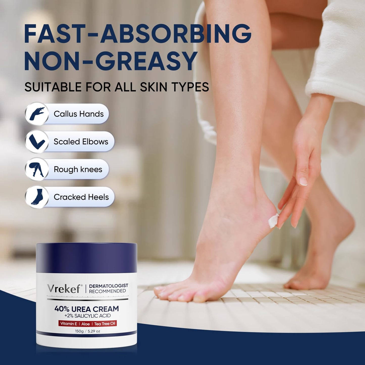 VREKEF Urea Cream 40 Percent with 2 Percent Salicylic Acid, Foot & Hand Cream for Dry Cracked Heels, Callus Softener for Feet, Exfoliating Foot Cream for Rough Thick Skin, 5.29 oz