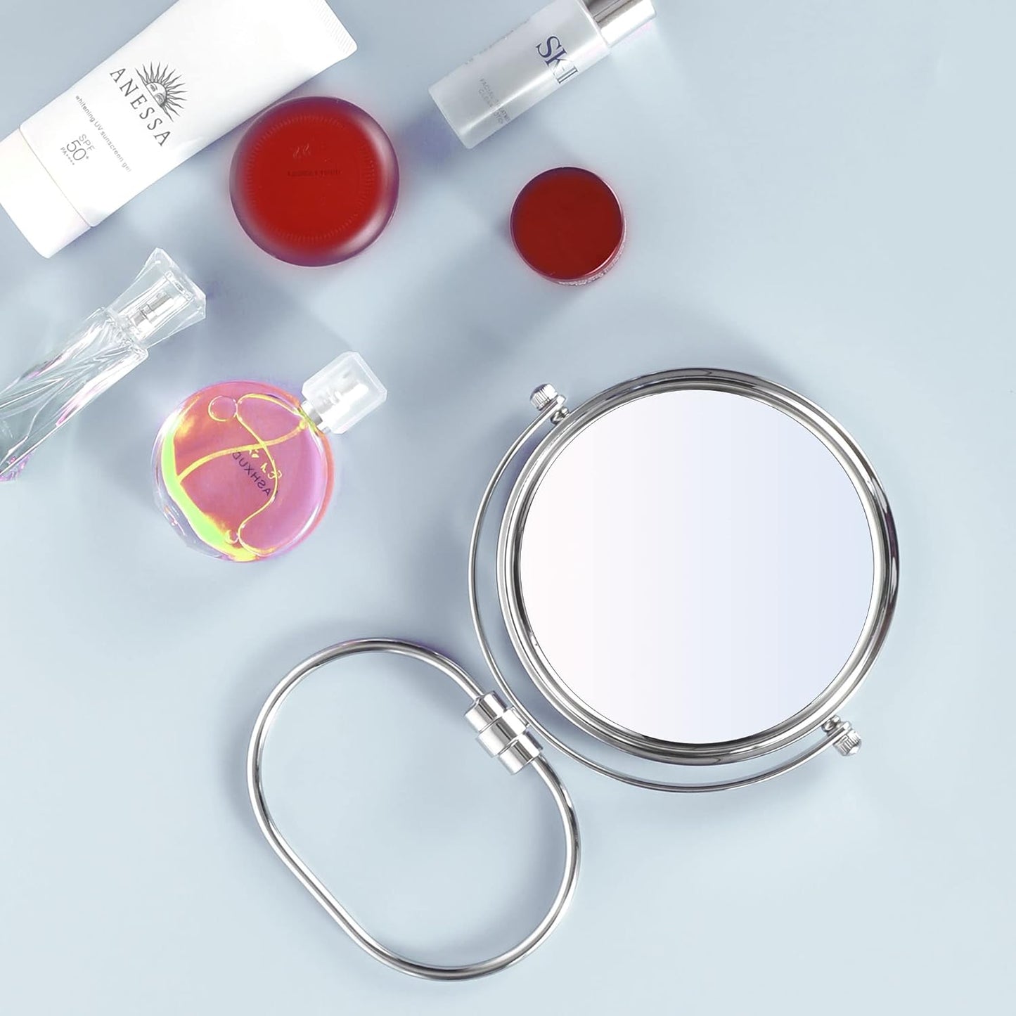 Portable Folding Travel Makeup Mirror - 1X/10X Magnifying Double-Sided 360° Swivel | Handheld & Wall Hanging Design, Includes Travel Storage Bag