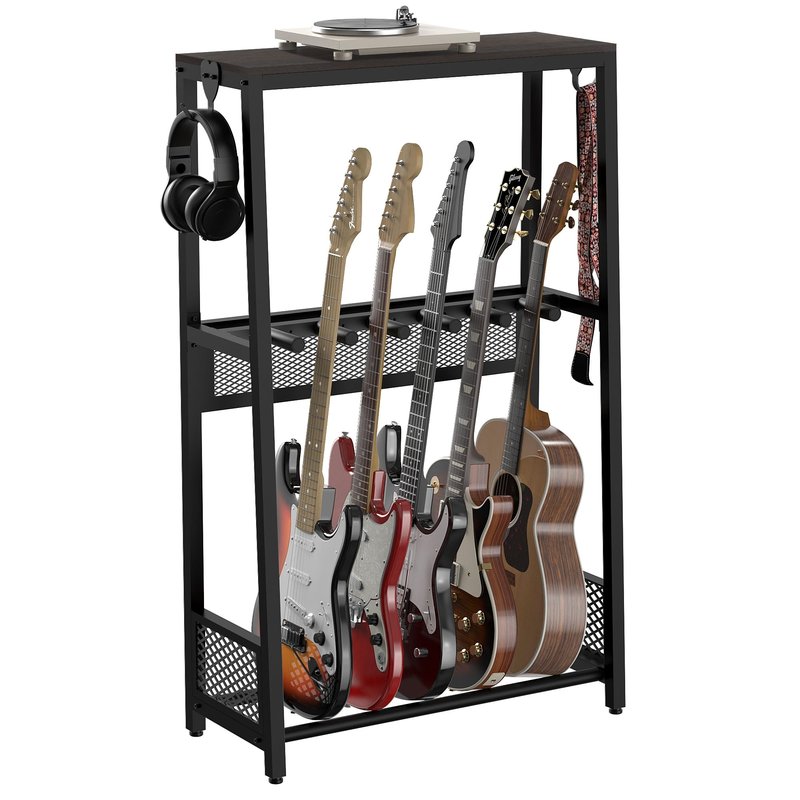 JollyJive 5-Guitar Stand with Storage Shelf, Heavy Duty Multi-Guitar Rack Floor Holder for Acoustic Electric Guitars & Bass, Patented Anti-Collision Mesh Shield, Ultra-Stable
