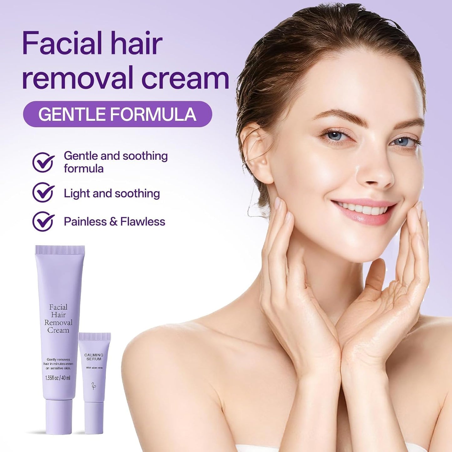 Facial Hair Removal Cream for Women – Painless 2-in-1 Depilatory Kit for Sensitive Skin, Upper Lip & Chin Hair Remover, Quick 4 Min Plant-Powered Formula with Soothing Cream, 1.52 Fl Oz
