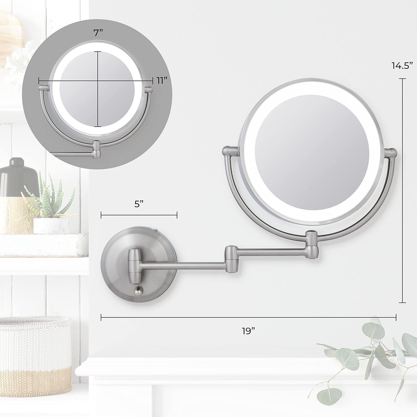 Zadro 11" LED Wall Mounted Makeup Mirror - 5X/1X Shaving Mirror | Cordless Vanity Mirror in Satin Nickel