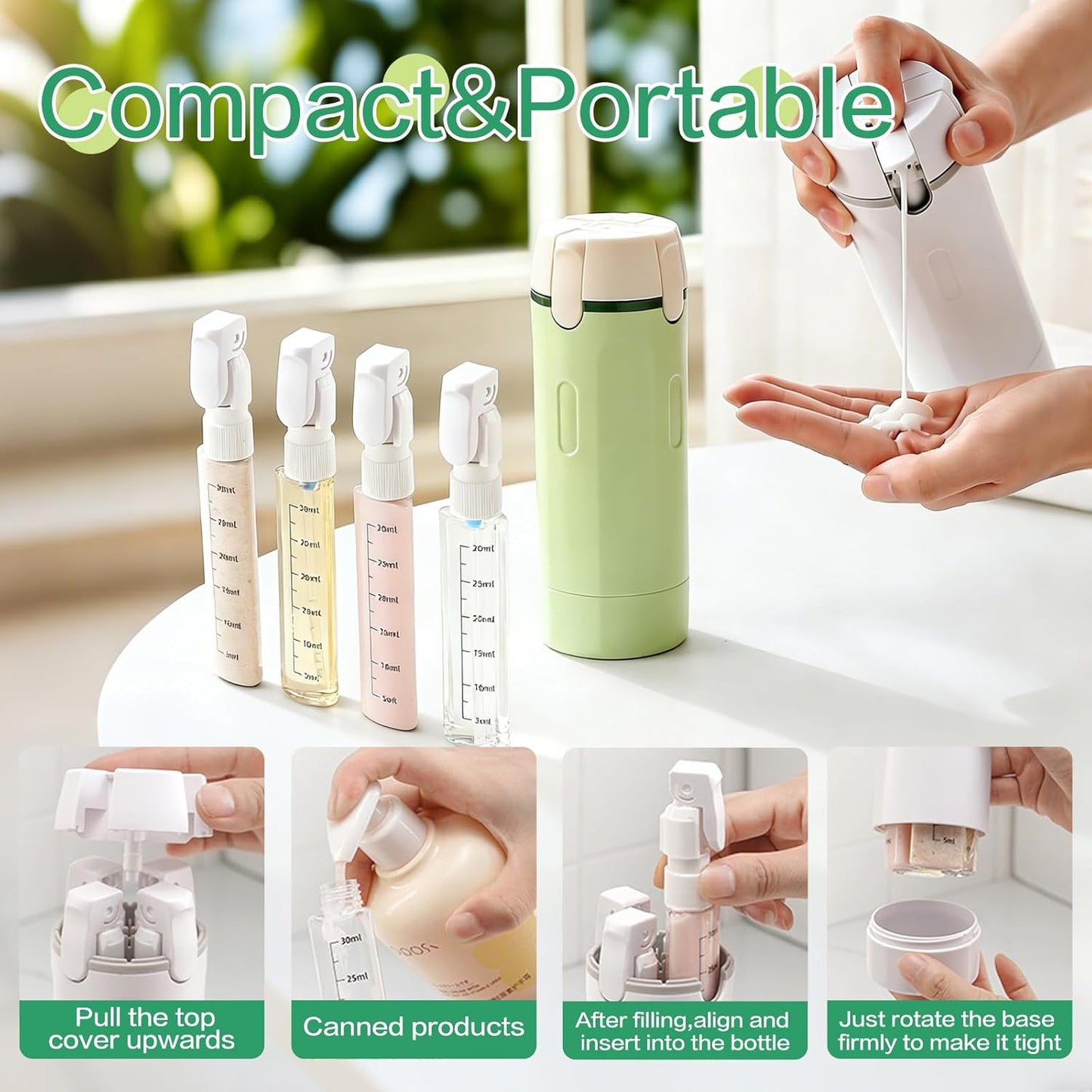 Travel Dispenser Bottle - 4-in-1 Leak-Proof Toiletries Container | Portable Refillable for Shampoo, Lotion, Creams, Body Wash (White)