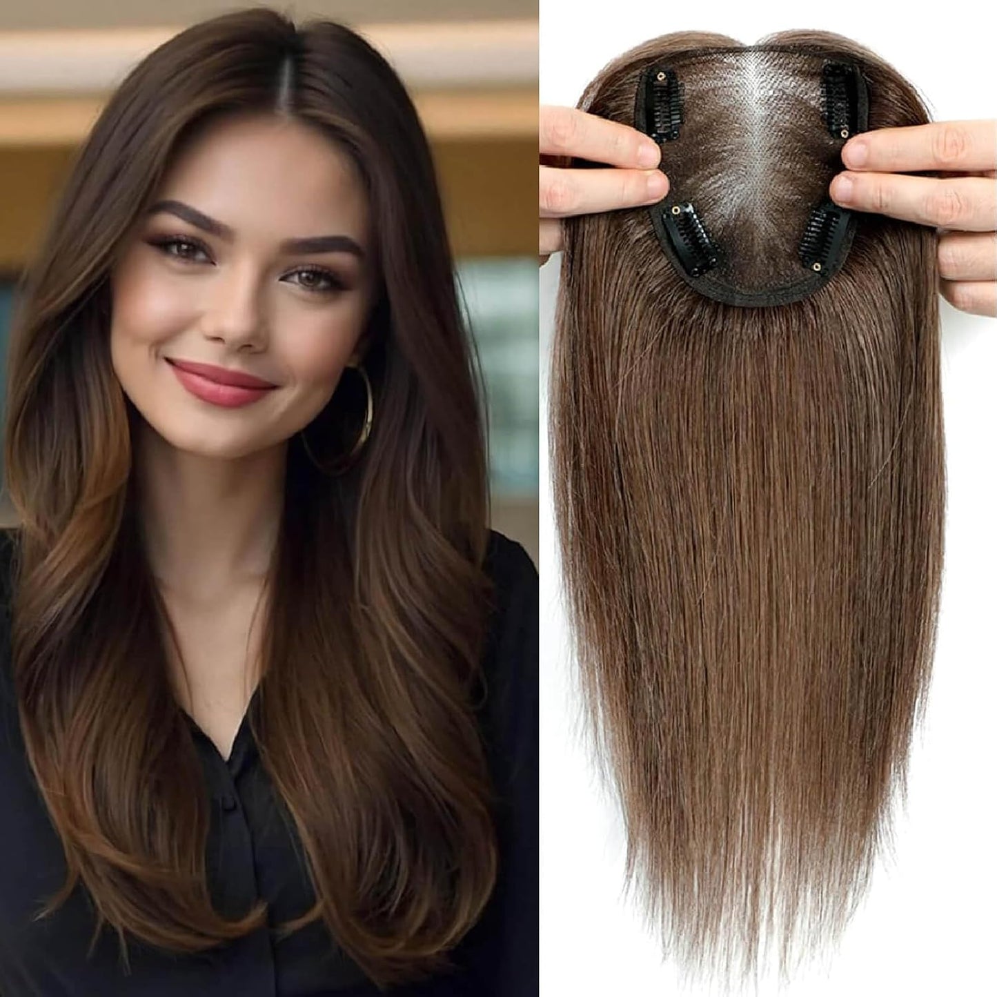 Human Hair Toppers for Women - Medium Brown with Warm Blonde Highlights | 10cm x 12cm