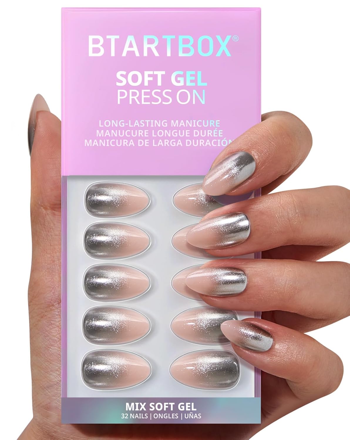 Press On Nails - 3D Butterfly French Tip Almond Design | Opaque Soft Gel, 16 Sizes, 32 Nail Kit