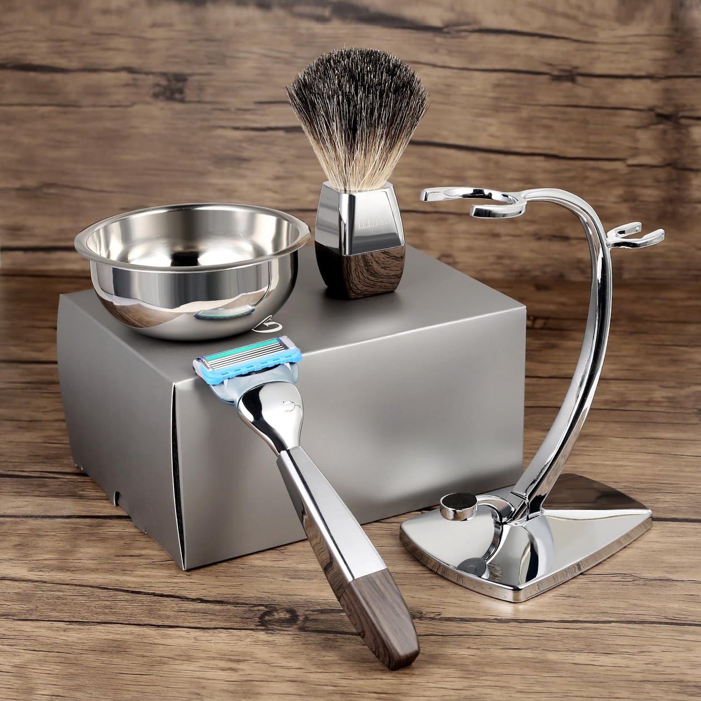 GRUTTI Shaving Kit for Gillette Fusion 5 - Magnetic Bowl, Stand & Synthetic Brush, compatible with Fusion5 Refill Blades with Space-Saving Organizer - Gift for Dad