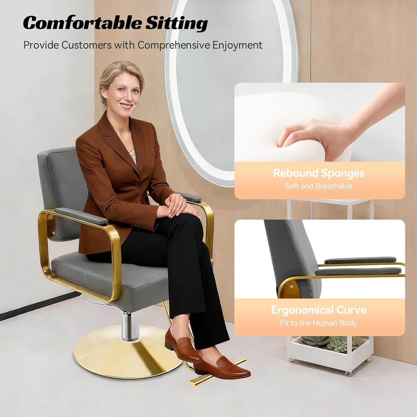 Salon Barber Chair - Hydraulic Pump & 360° Swivel | Adjustable Height Beauty Chair in Grey & Gold