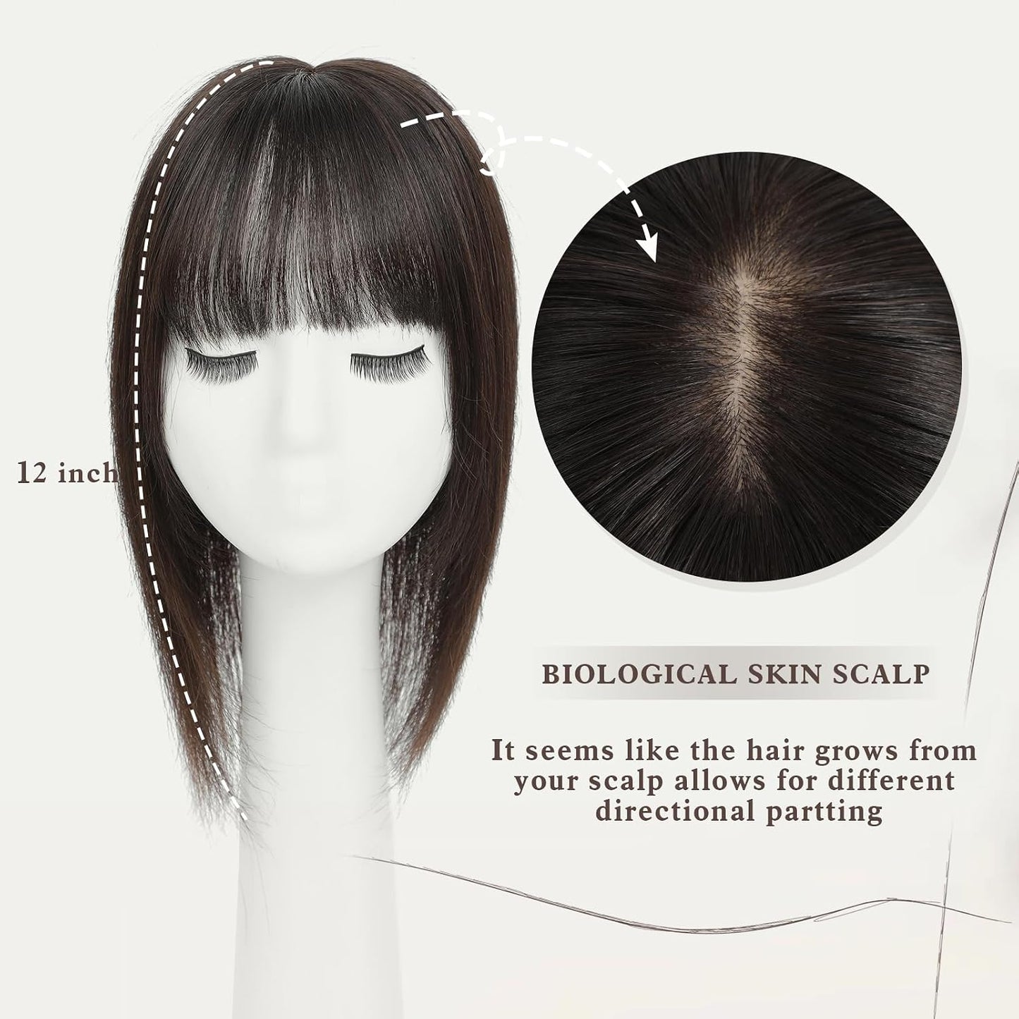 Aimeolyn Hair Toppers for Women - Real Human Hair 12-Inch Wiglets with Bangs | Natural Skin Scalp for Thinning Hair