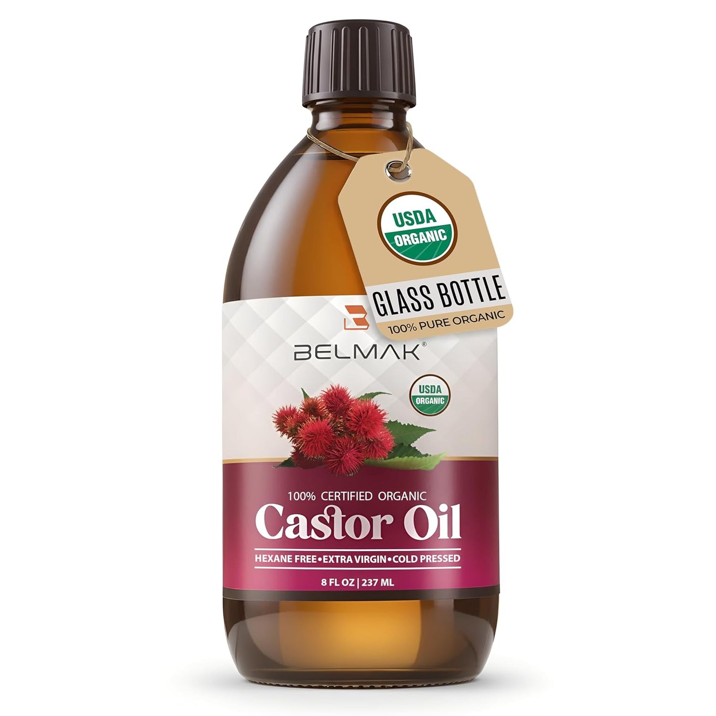 Organic Castor Oil - Cold Pressed & Unrefined, 100% Pure Hair & Scalp Treatment | 8 oz Amber Glass Bottle