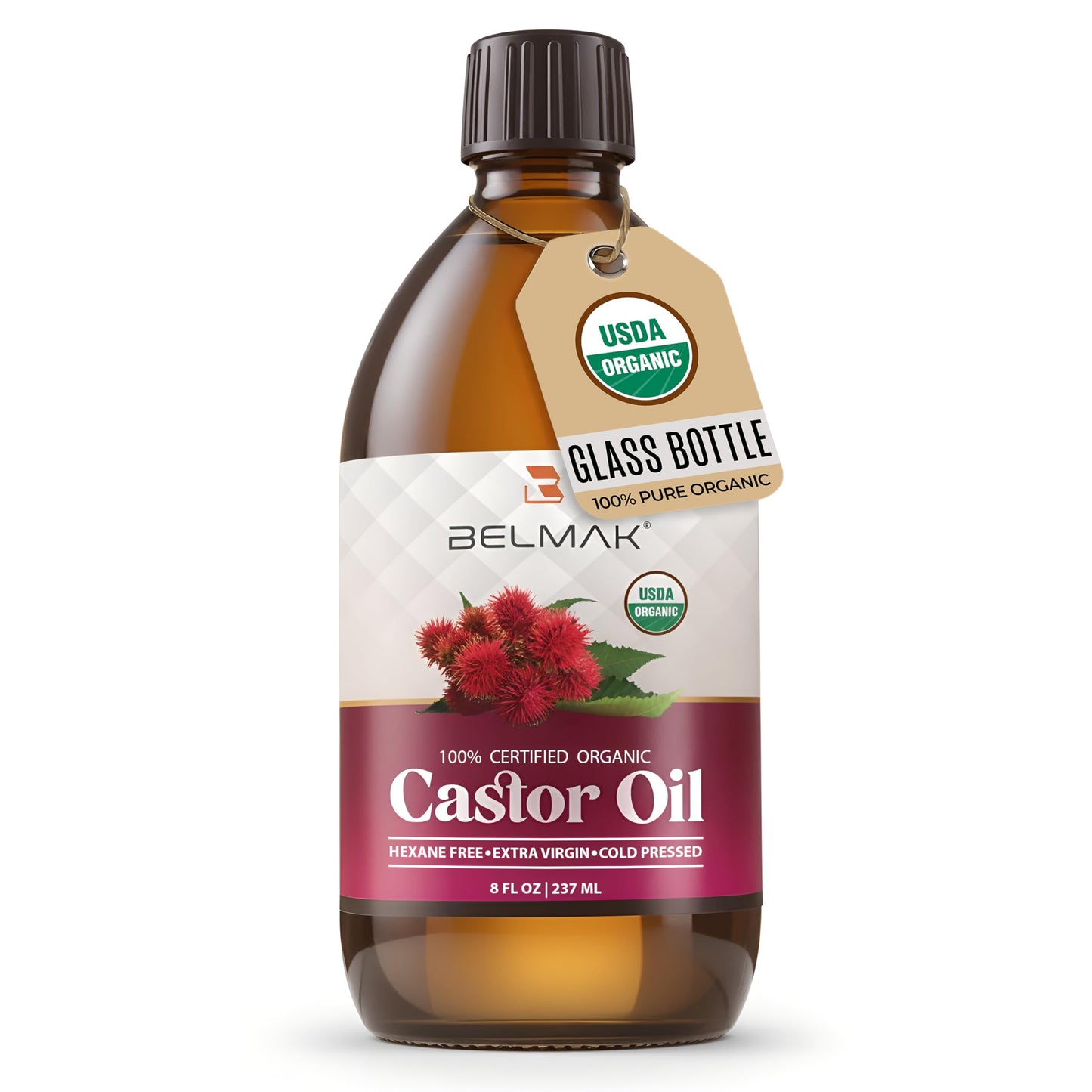 BELMAK Organic Castor Oil Cold Pressed Unrefined, USDA Certified & Hexane Free, 100% Pure Ricinus Communis Oil for Hair, Scalp, Brows and Lashes in Amber Glass Bottle (8 oz)