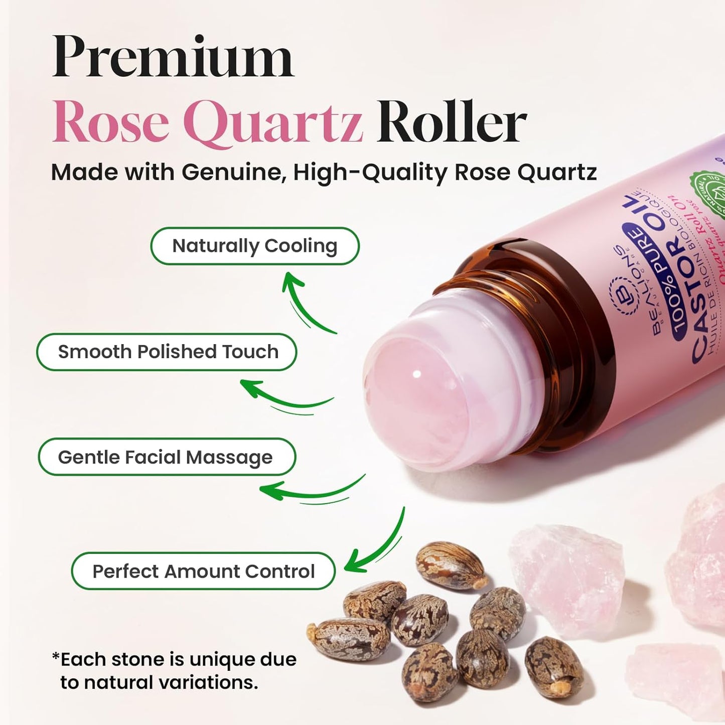 Organic Castor Oil Roll-On | Rose Quartz Roller Ball for Fine Lines, Wrinkles & Puffiness - Ideal Birthday Gift for Women 35+
