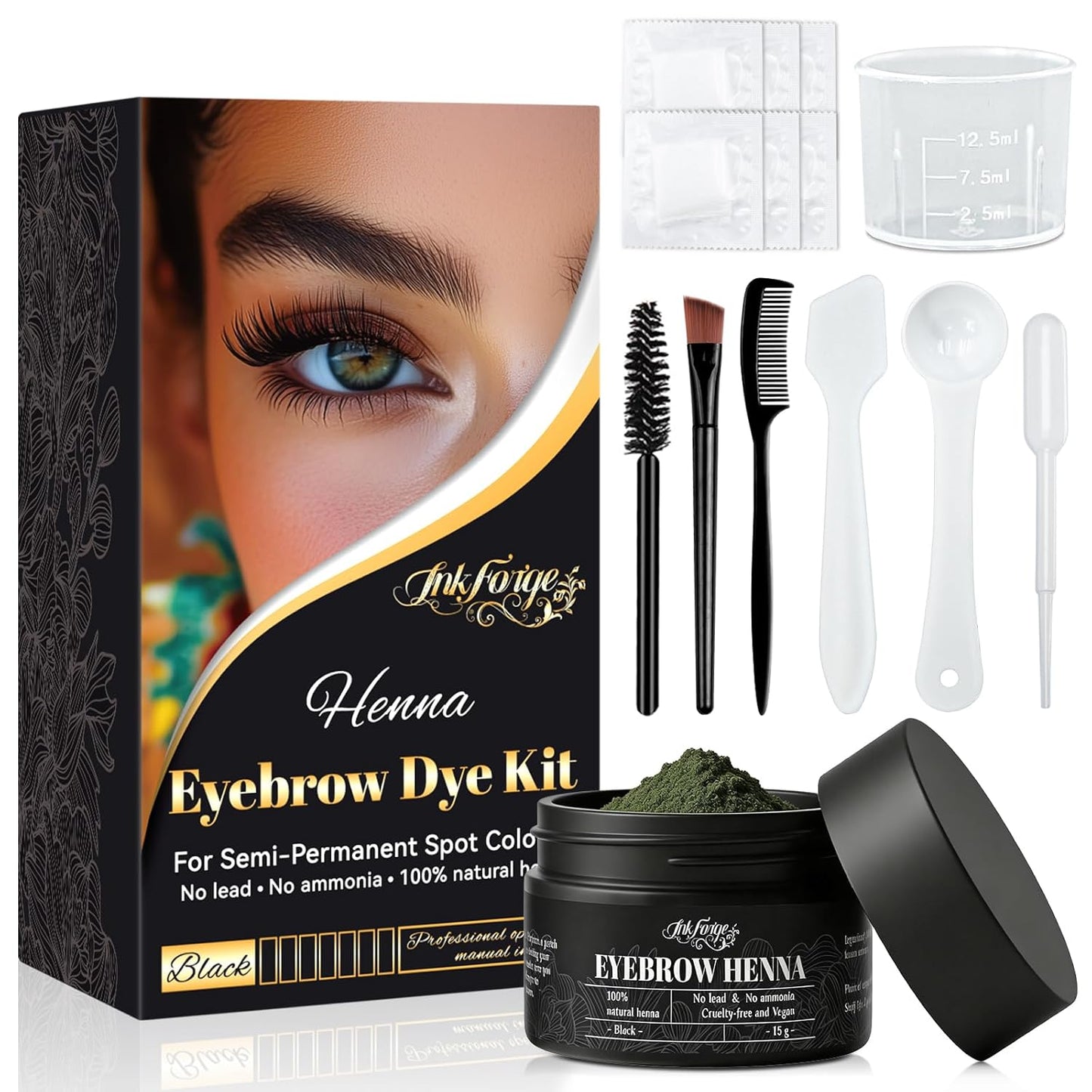 Henna Eyebrow Tint Kit - Natural Black Semi-Permanent Brow Color | Waterproof & Smudge-Proof Dye for Home & Salon (15g)