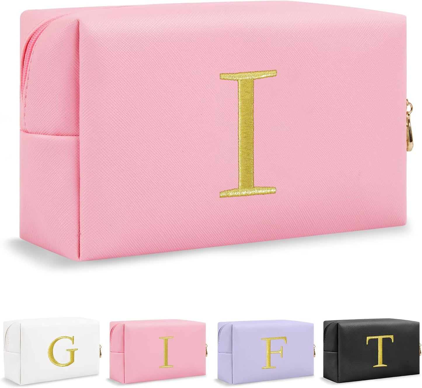 Personalized Initial Makeup Bag - Gold Embroidered Cosmetic Bag for Teens | Custom Travel Toiletry Bag (Black)