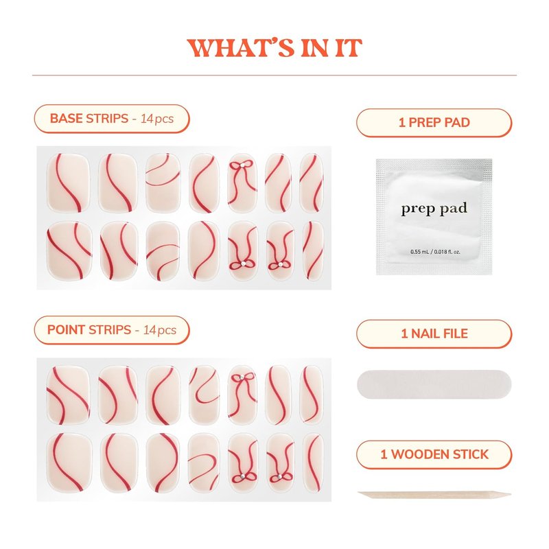 Semi Cured Gel Nail Strips - Easy Apply & Remove | Holiday Red & Neutral | 28 Strips, Prep Pad, Nail File & Wooden Stick