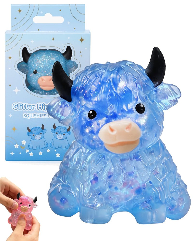 Glitter Highland Cow Squishies Fidget Toy, Soft Slow Rising Stress Relief Ball, Cute Sensory Squeeze Toy for Adults & Kids, Anxiety Relief Desk Decor, Easter Basket Stuffer for Cow Lovers (Blue)