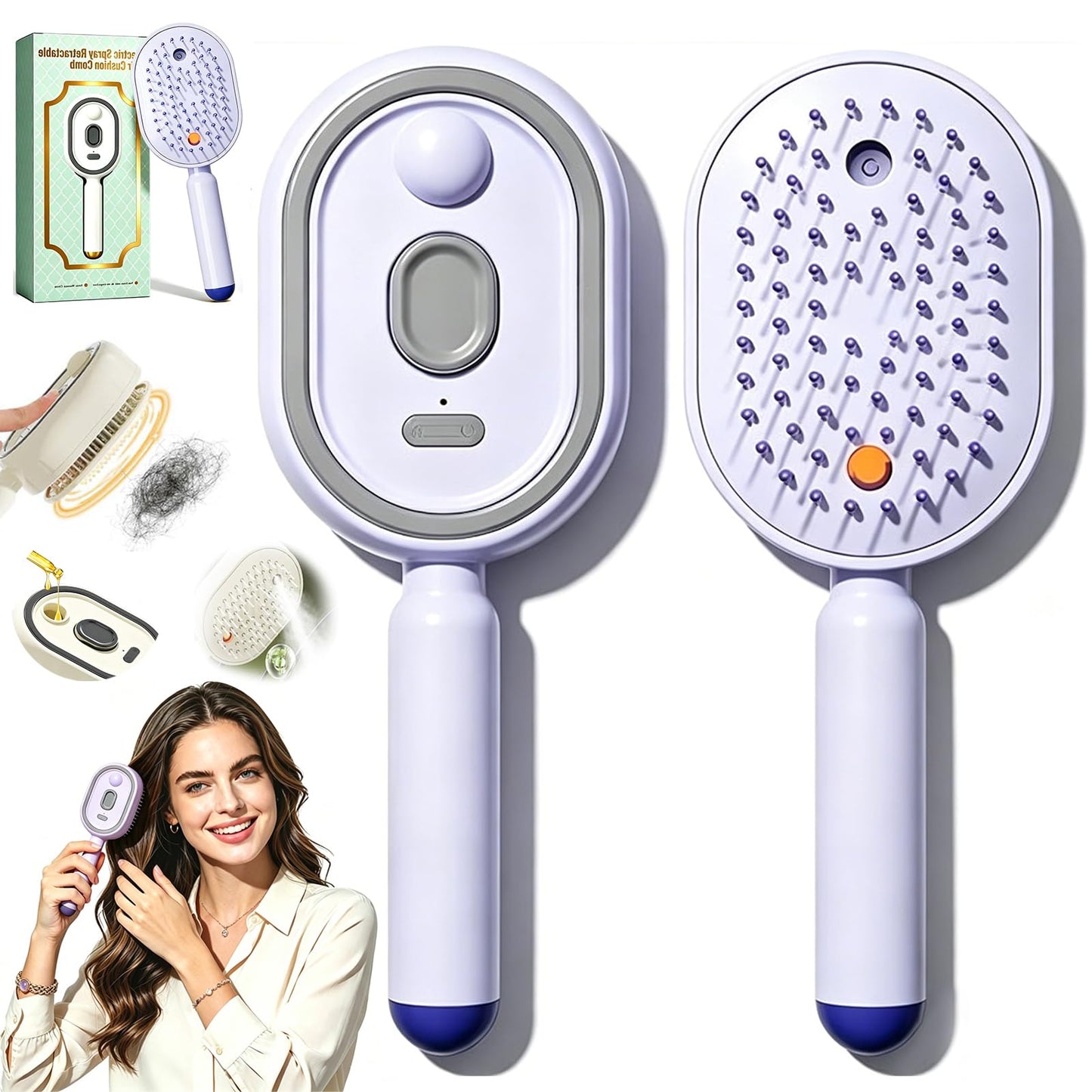 All-in-One Electric Spray Air Cushion Brush, Self-Clean Electric Steam Massage Comb with Built-in Mist Mister, Detangles Frizzy Curly Hair, Anti-Tangle for Smooth & Voluminous Hair (Blue)