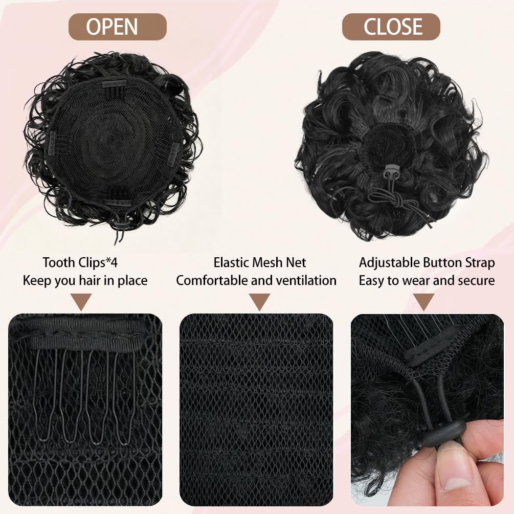 Curly Messy Bun Hair Piece - Short Synthetic Loose Wave Updo | Dark Brown Drawstring Style