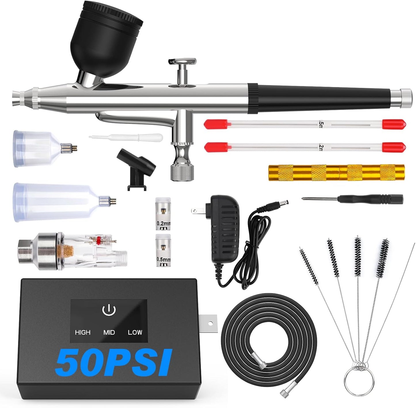 Airbrush Kit - Dual Action Airbrush Gun with 3 Nozzles & Compressor | Ideal for Painting, Nails, Makeup & Cake Decorating