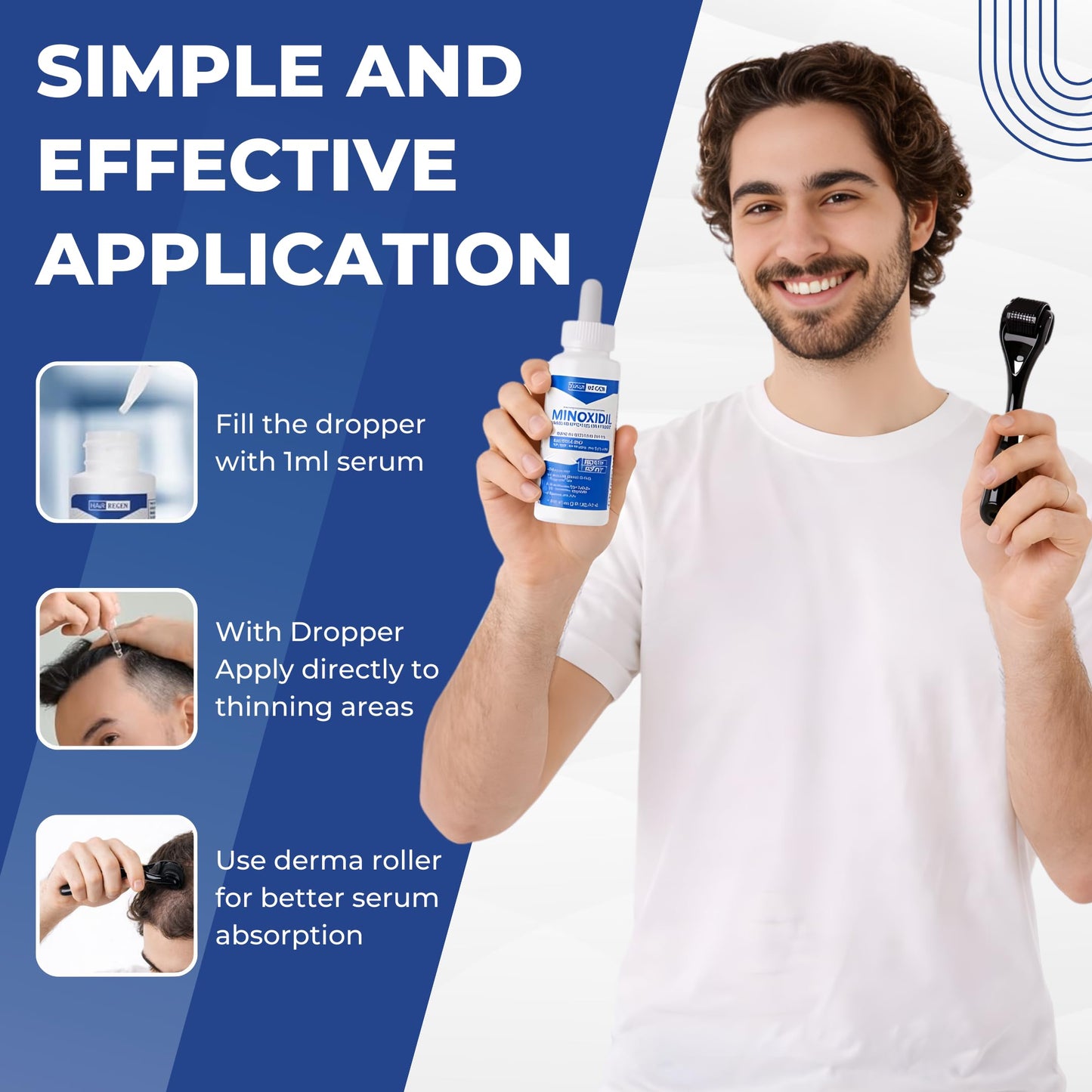 Hair Regen Liquid Minoxidil Men 5% With Hair Derma Roller for Scalp - Advanced Topical Solution for Regrowth - Men's Minoxidil for Growth of Men Hairs Loss 6 Pack as 6 Months Supply Kit