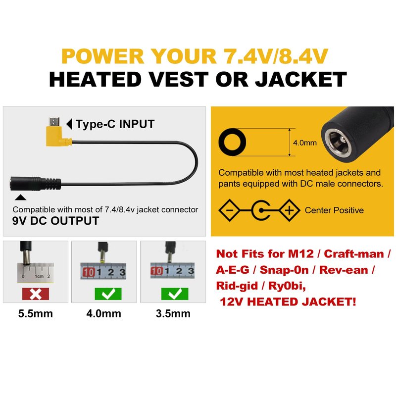 Smarkey 9V Heated Jacket Battery Step-Up Adapter Charger Cable for 7.4V 8.4V Heated Jackets, Heated Hoodies and Heated Vests, Compatible with Ororo, Venustas (Not for 12V Heated Gear)