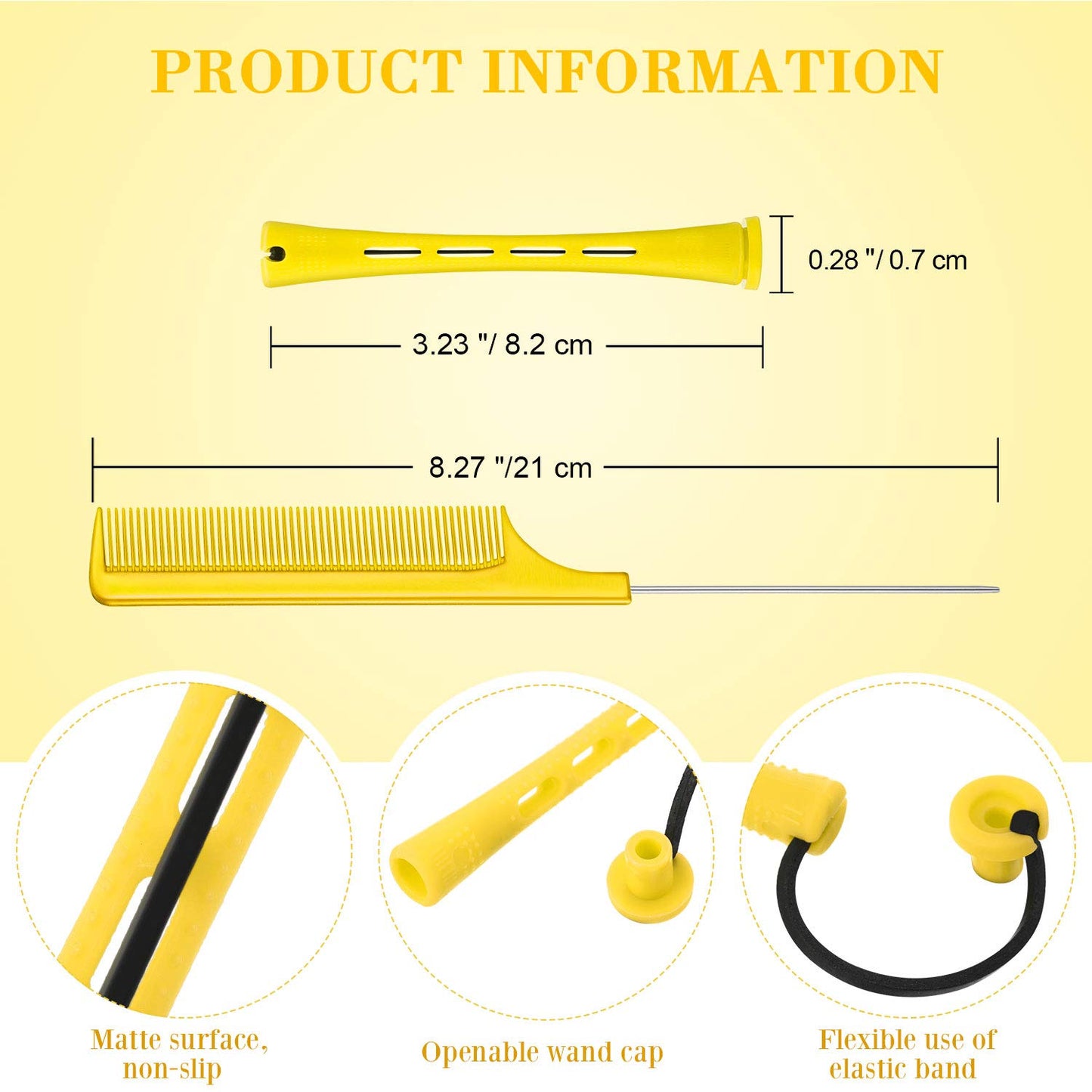 24 Pcs Hair Perm Rods - Plastic Cold Wave Curlers with Steel Pintail Comb | Yellow, 0.28 Inches
