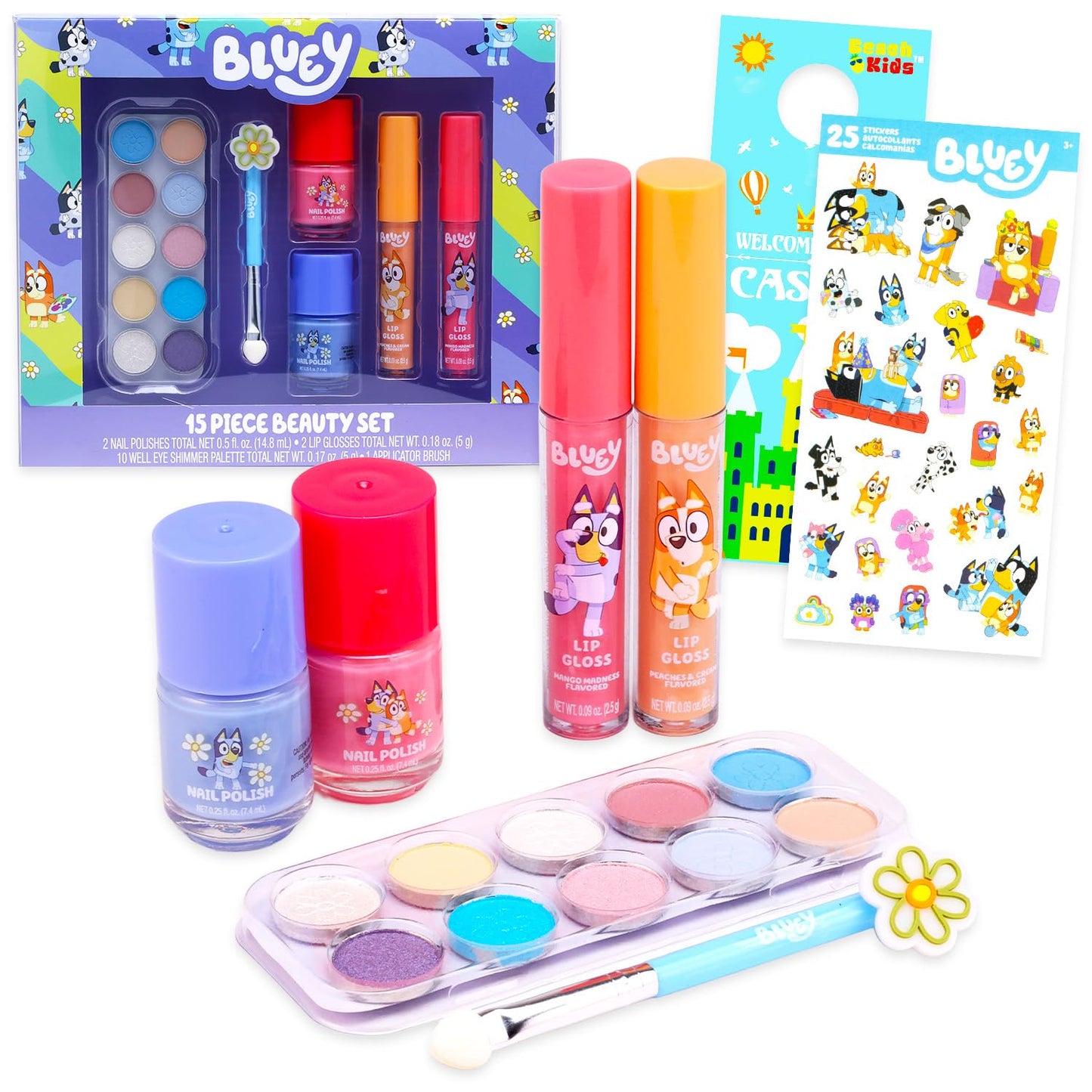 Bluey Beauty Set - Makeup Bundle with Eye Shimmer Palette, Nail Polish & Lip Gloss | Fun Dress-Up Accessories for Kids