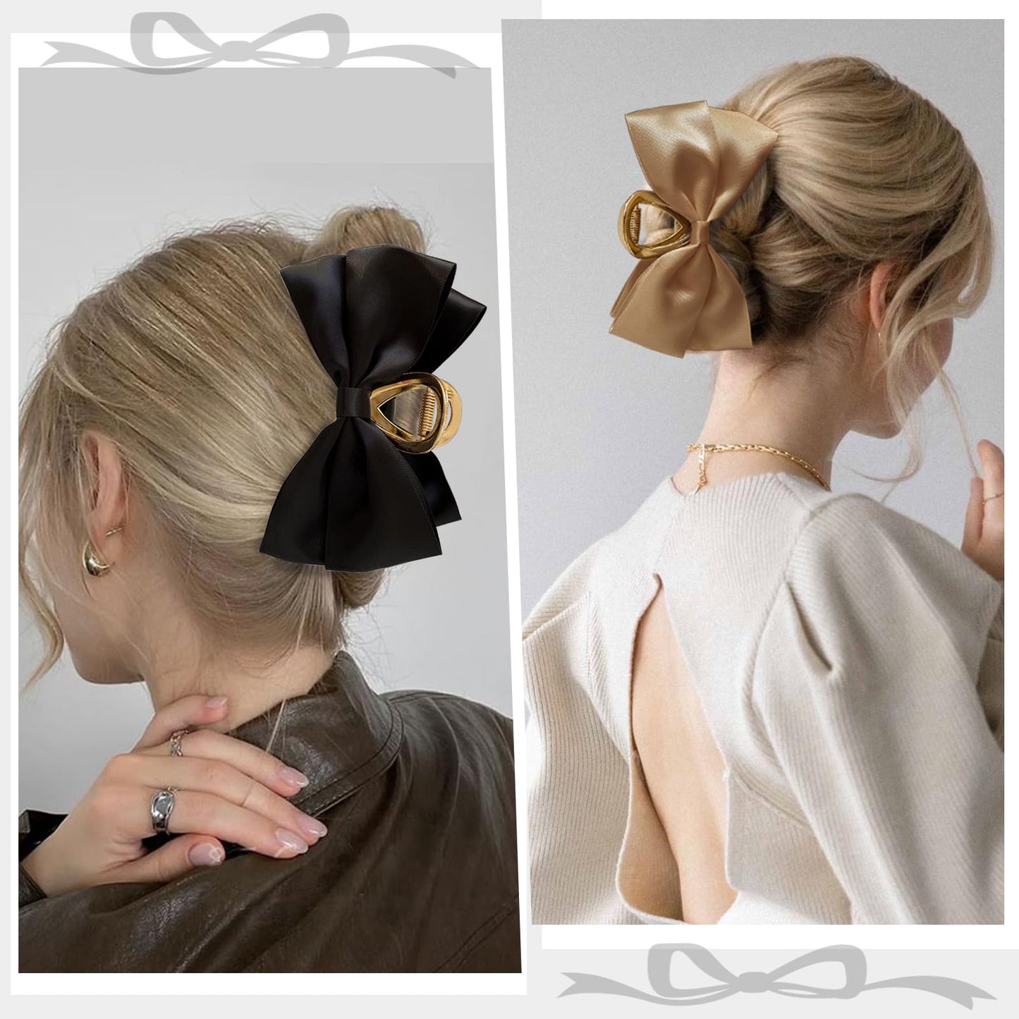Stylish 3PCS Metal Claw Hair Clips for Women & Girls - Premium Bow-knot Nonslip Clips for Thick & Thin Hair, Big Bows in Trendy Black, White, Khaki!