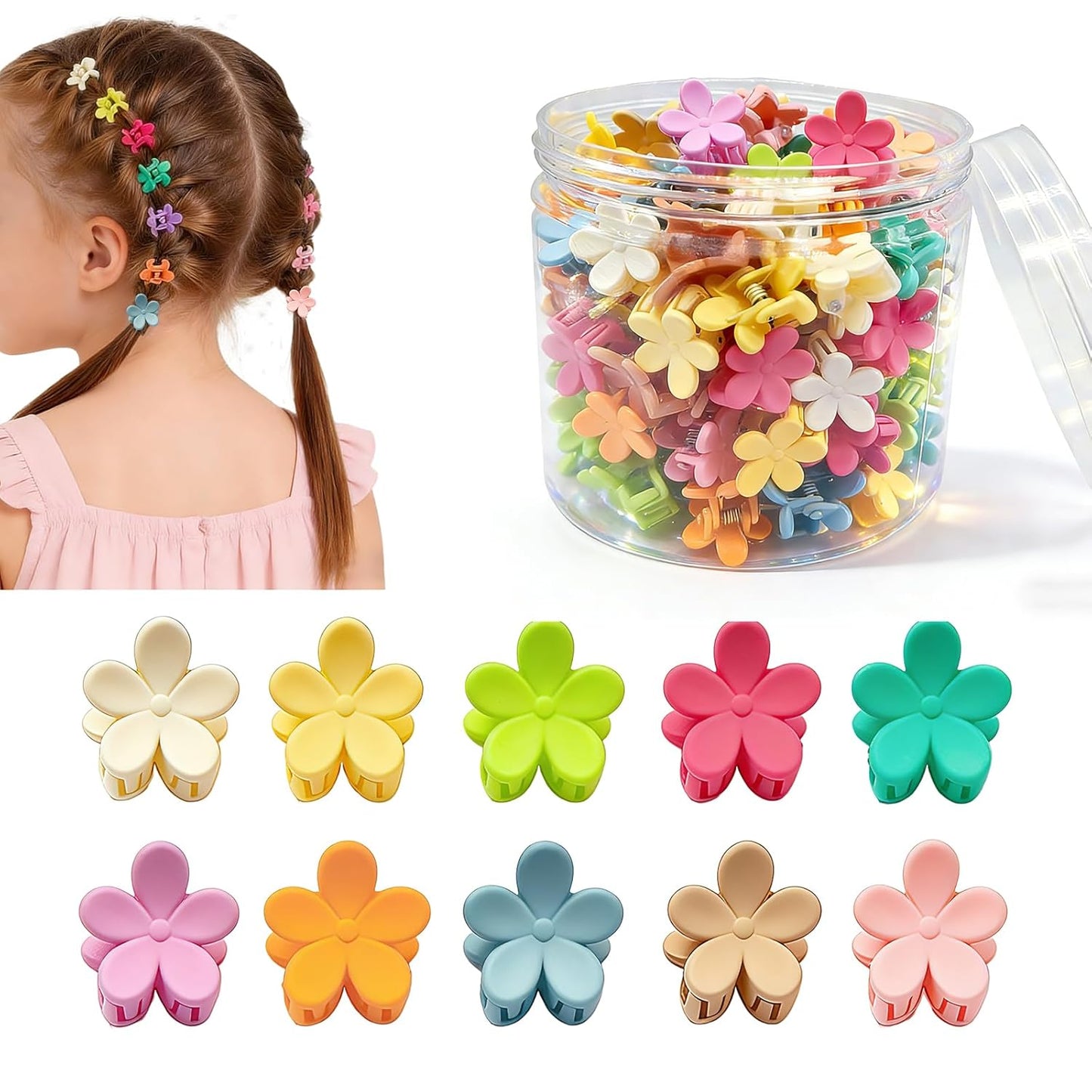 Mini Flower Hair Clips for Kids - 100 Colorful Claw Pins | Cute Toddler Accessories