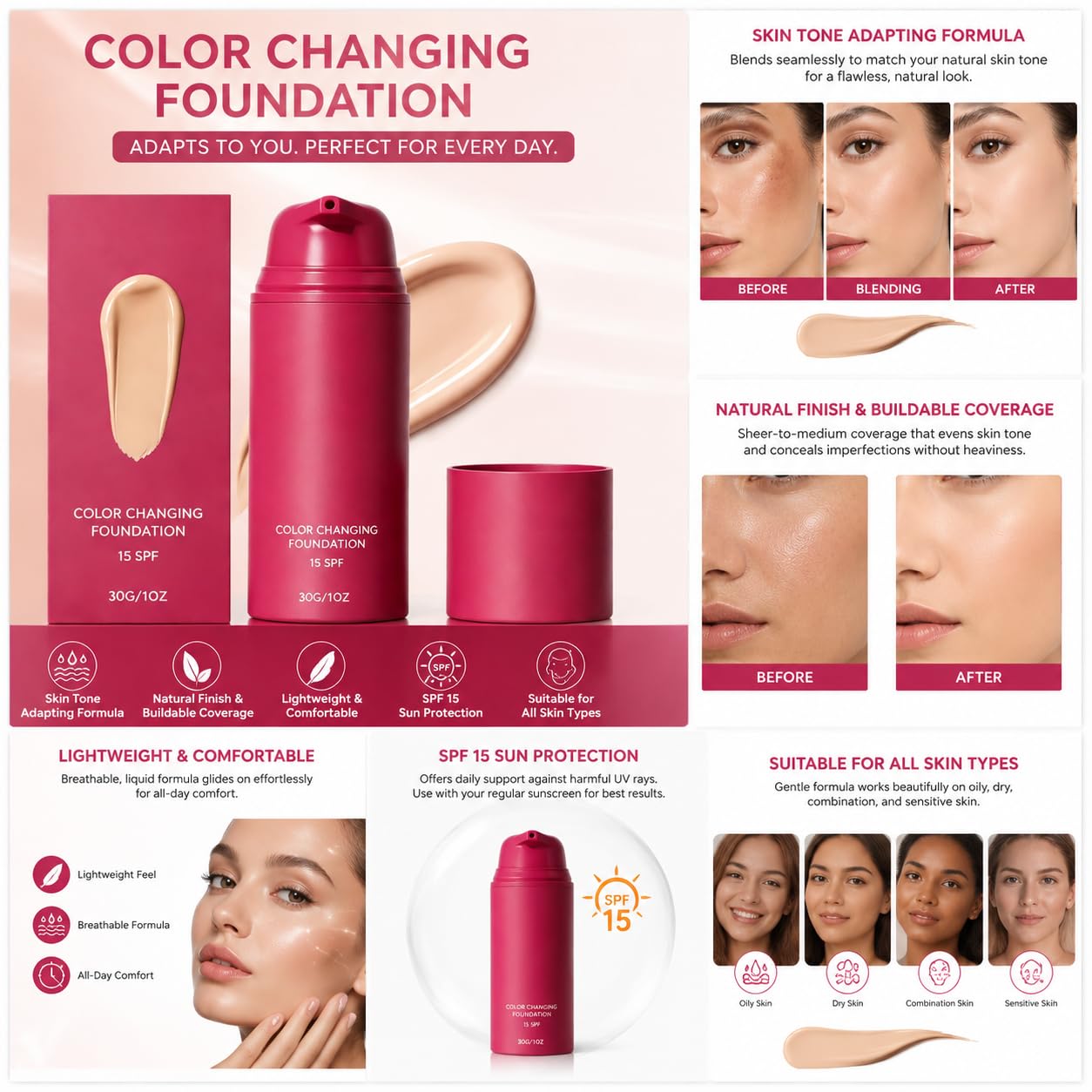 Color Changing Foundation - Skin Tone Adapting Liquid Makeup for Natural Finish | Lightweight, SPF 15, 1 Fl Oz