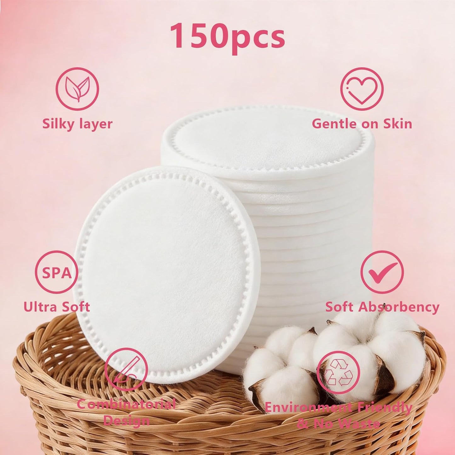 Cotton Rounds - Hypoallergenic Makeup Remover Pads, Lint-Free | 150 Pcs Boxed, 100% Pure Cotton