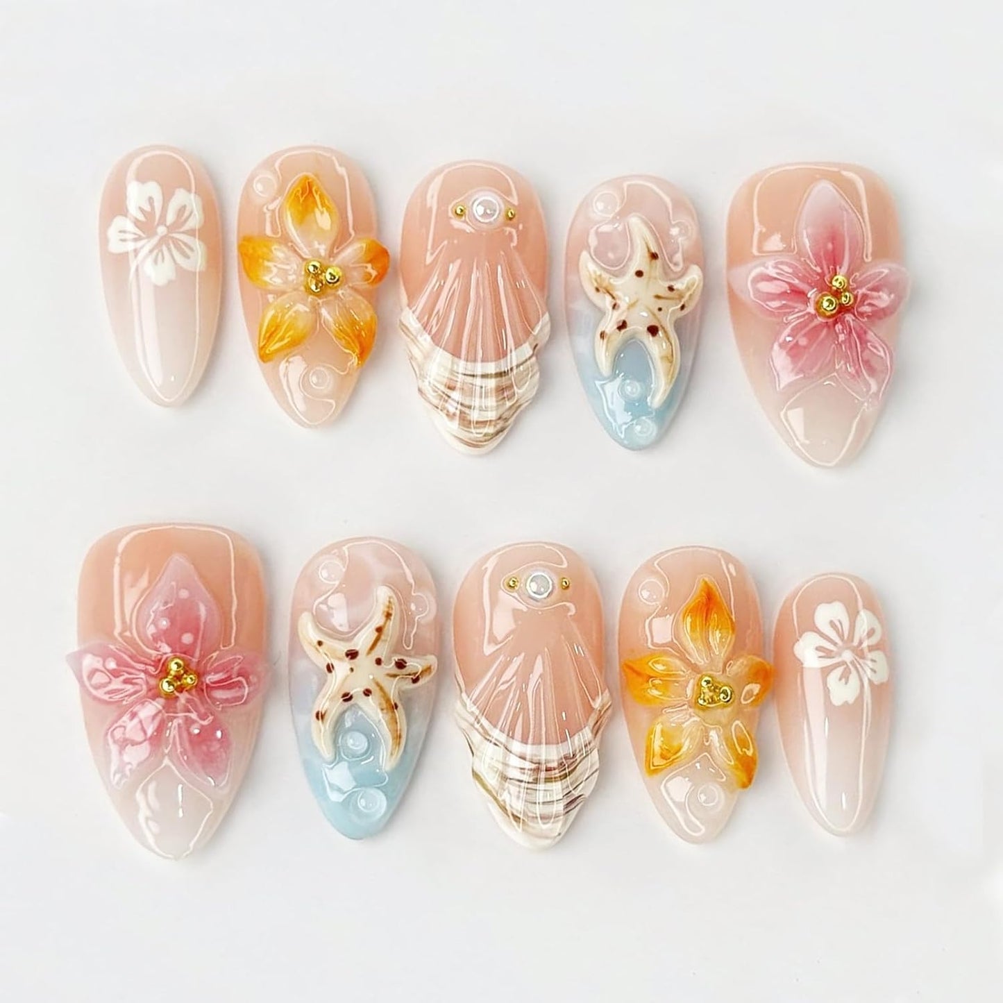 30Pcs Pink Press-On Nails - Almond Medium French Tip with 3D Flower & Gold Bead Design | Glossy Reusable Acrylic for Women