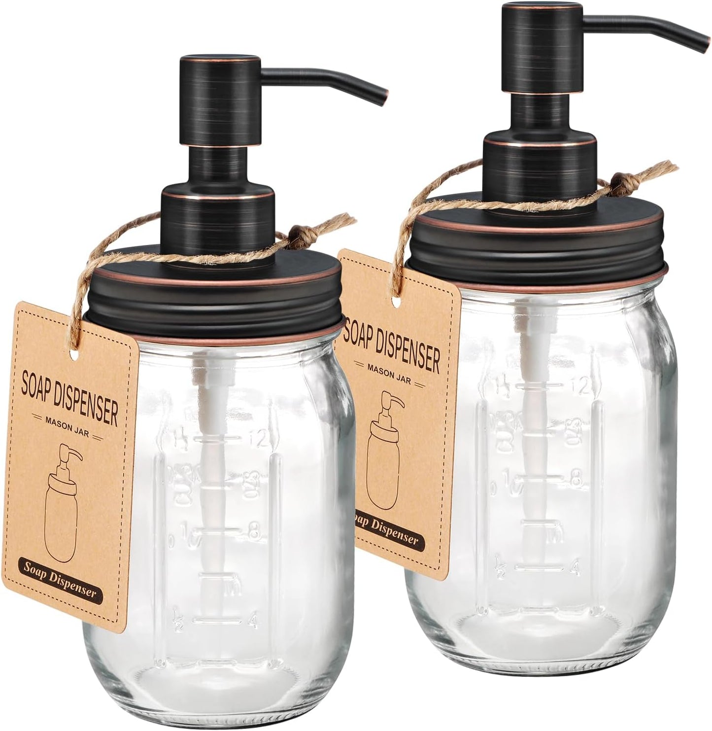 Mason Jar Liquid Soap Dispenser - 16oz Refillable Glass Pump | Black 2 Pack for Kitchen & Bathroom Decor