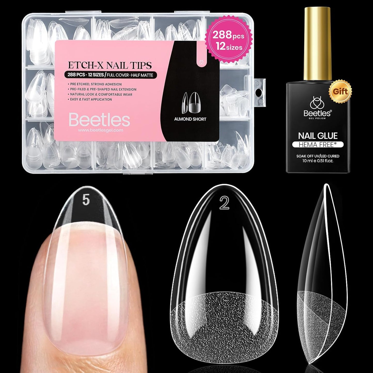 Coffin Gel Nail Tips | Medium Half Matte Press-On Nails - 288 Pcs, 12 Sizes for Easy DIY Manicure