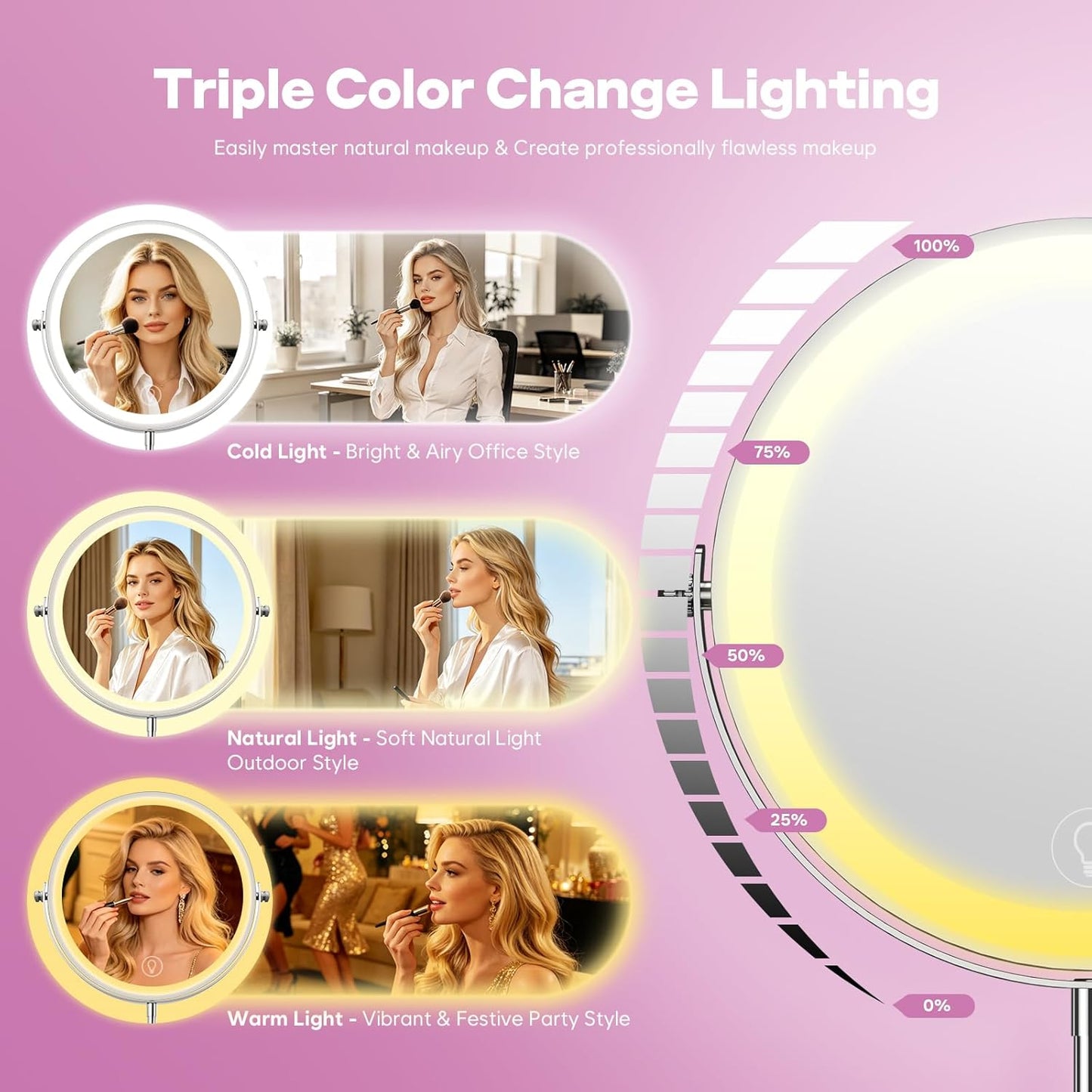 Makeup Mirror with Lights - 1X/30X Double-Sided Magnifying | Brightness Adjustable, 360° Rotation, Ideal Gift for Women