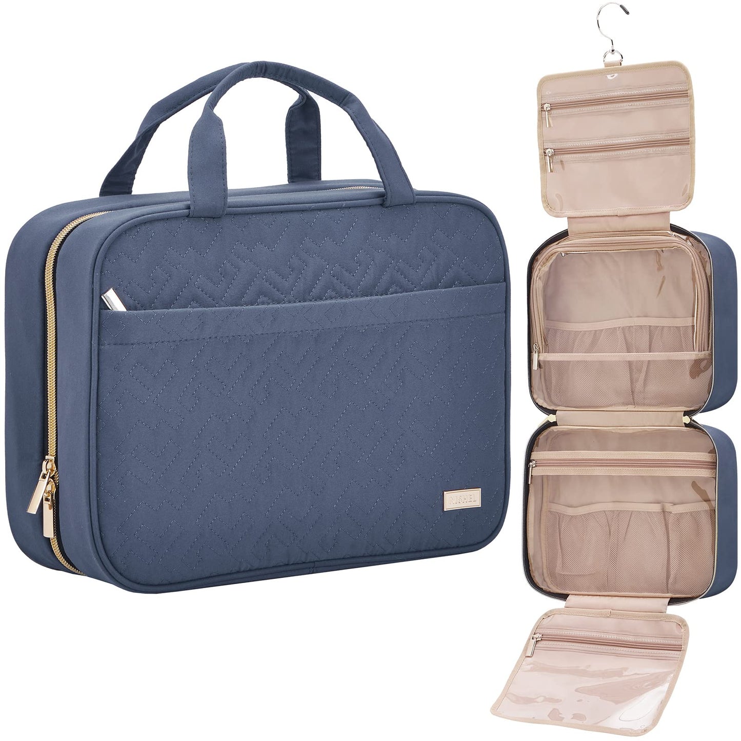 NISHEL Travel Toiletry Bag for women, Portable Hanging Organizer for Full-Sized Shampoo, Conditioner, Brushes Set, Travel-Size Accessories